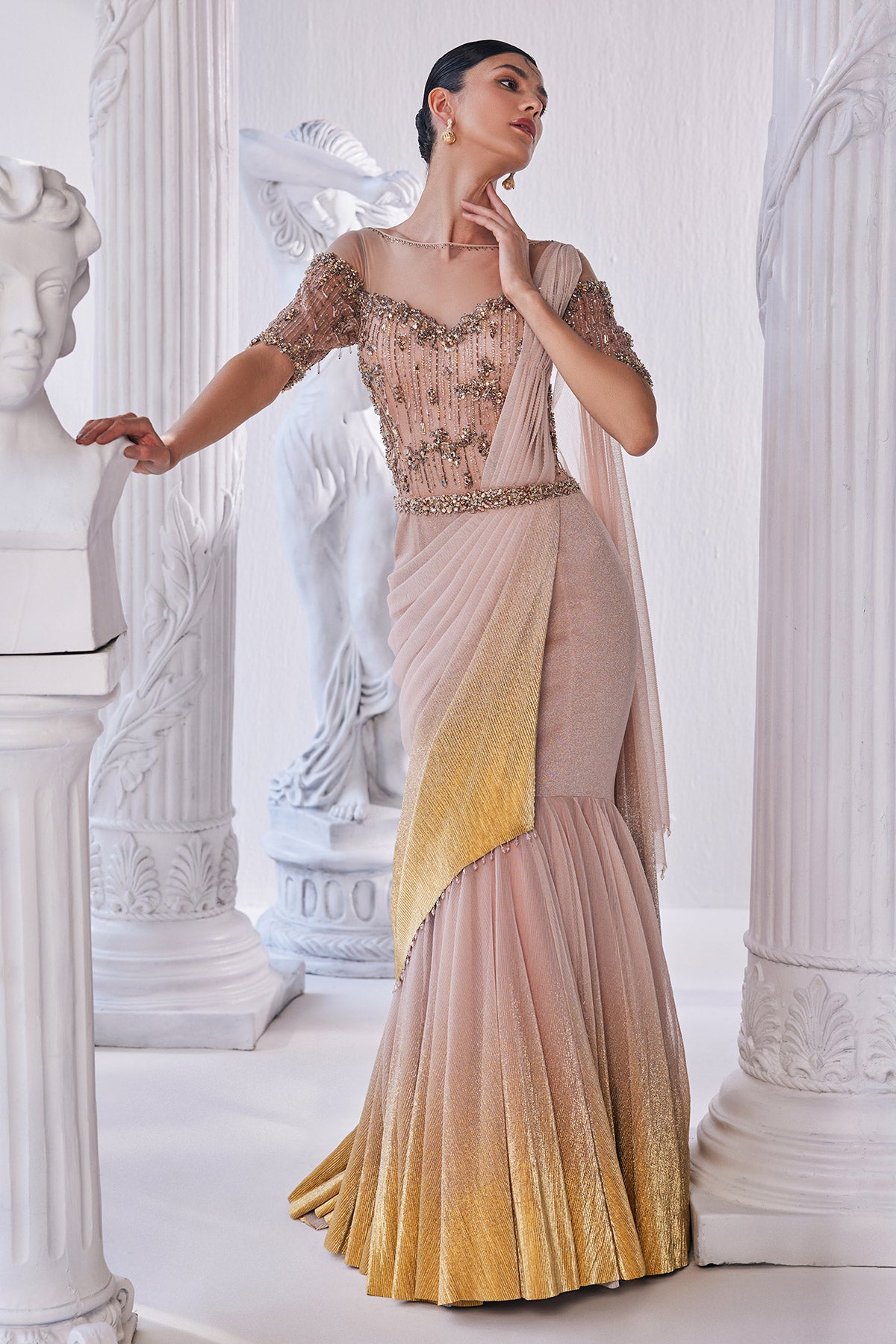 Draped Gown In Luxurious Shimmer Lycra With A Bodice In Bead And Sequin Detailing.