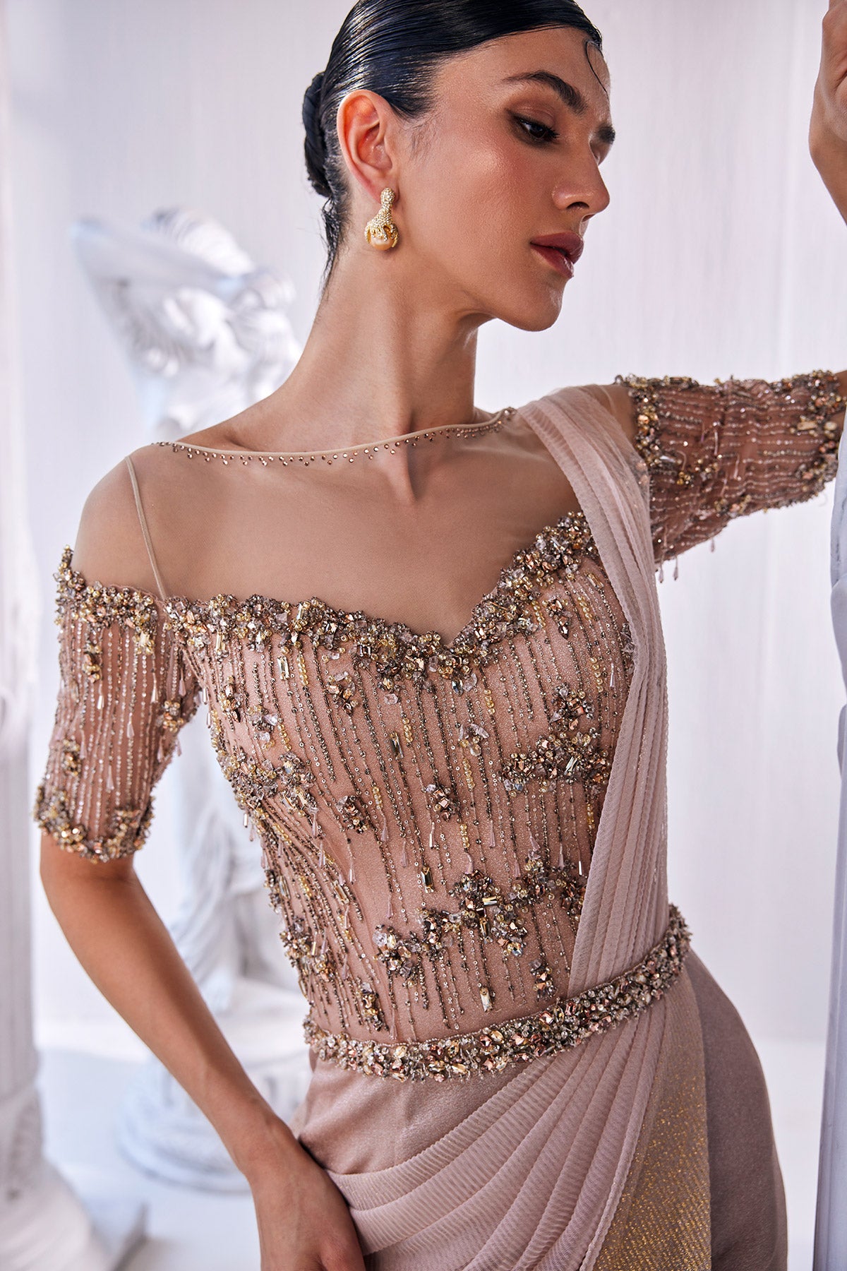 Draped Gown In Luxurious Shimmer Lycra With A Bodice In Bead And Sequin Detailing.