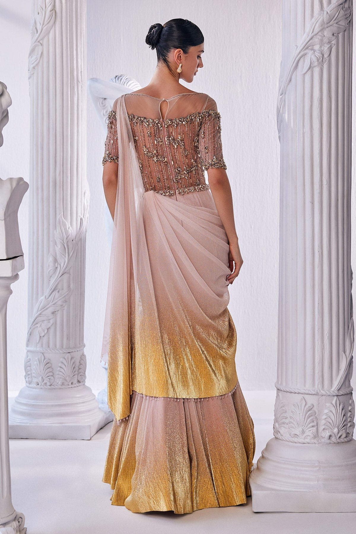 Draped Gown In Luxurious Shimmer Lycra With A Bodice In Bead And Sequin Detailing.