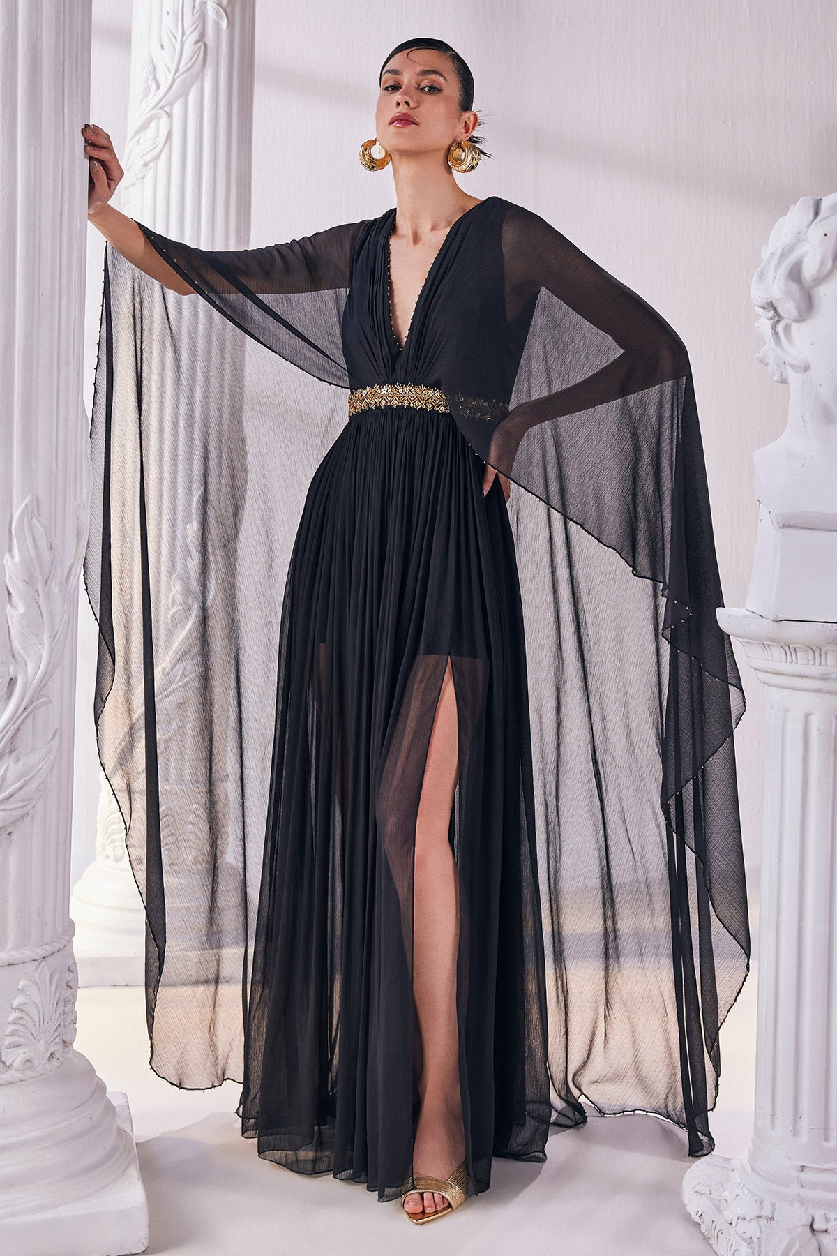Black Chiffon Kaftan Dress Featuring An Emroidered Waistline.