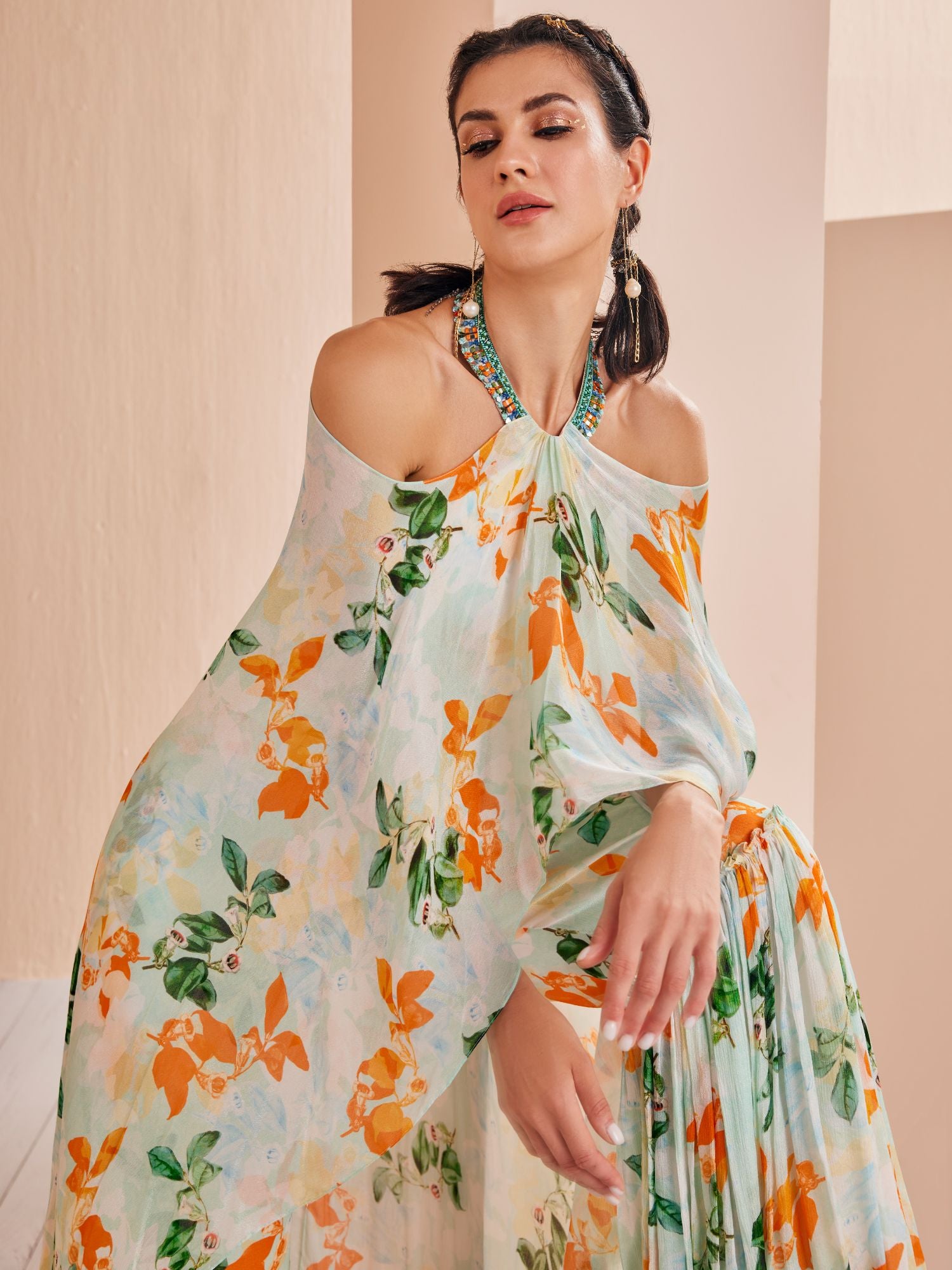 Sage canna floret chiffon printed halter neck jumpsuit