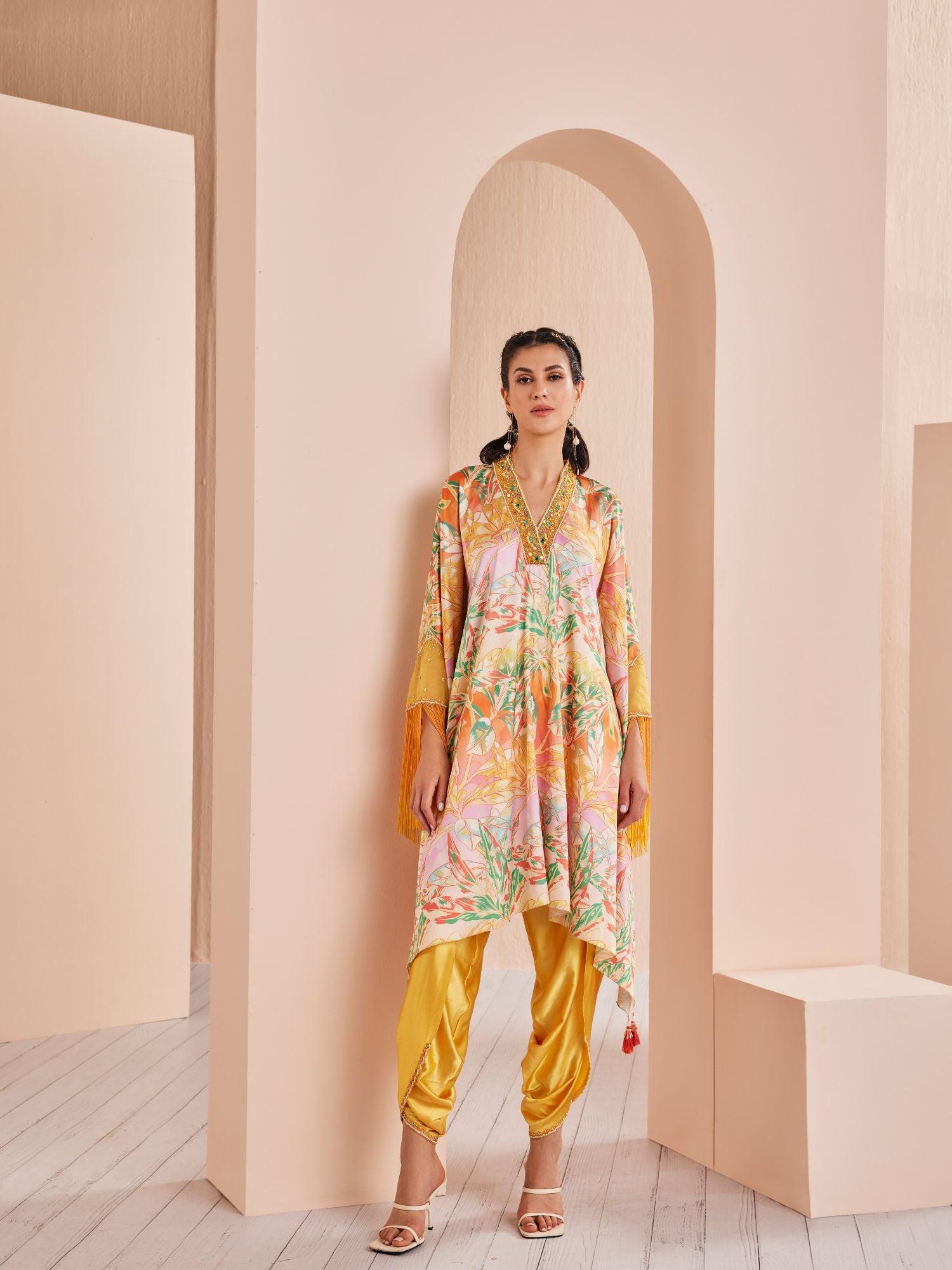 Yellow leafy ash printed satin kaftan kurta and dhoti