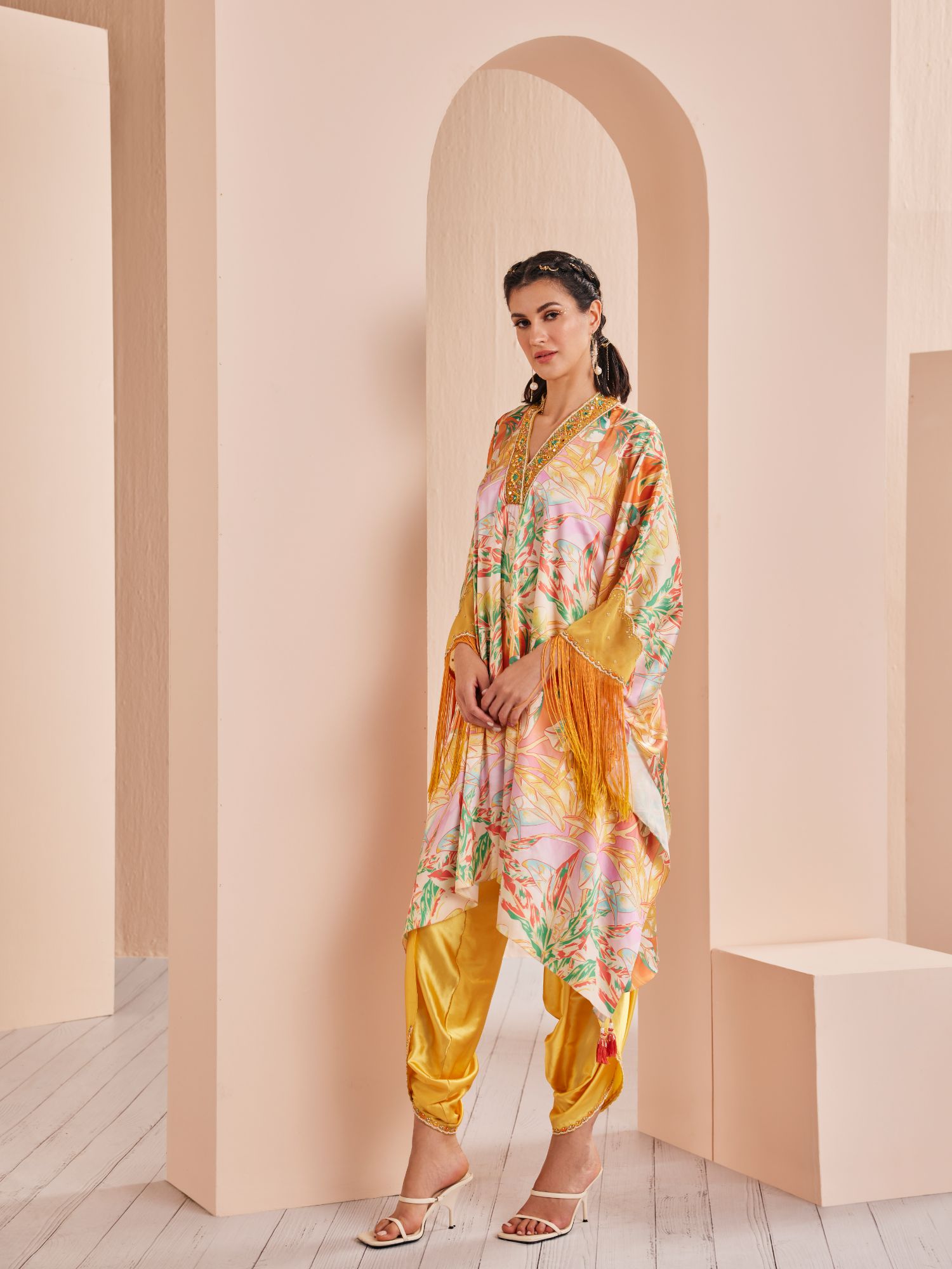 Yellow leafy ash printed satin kaftan kurta and dhoti