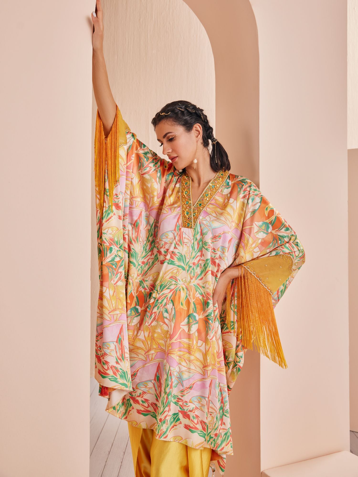 Yellow leafy ash printed satin kaftan kurta and dhoti