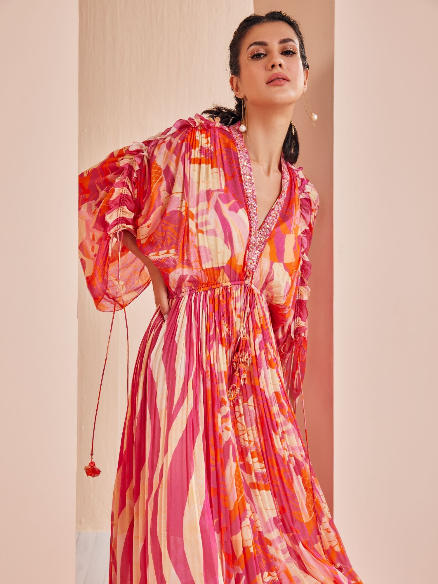 Moltan red petunia pink printed chiffon kaftan