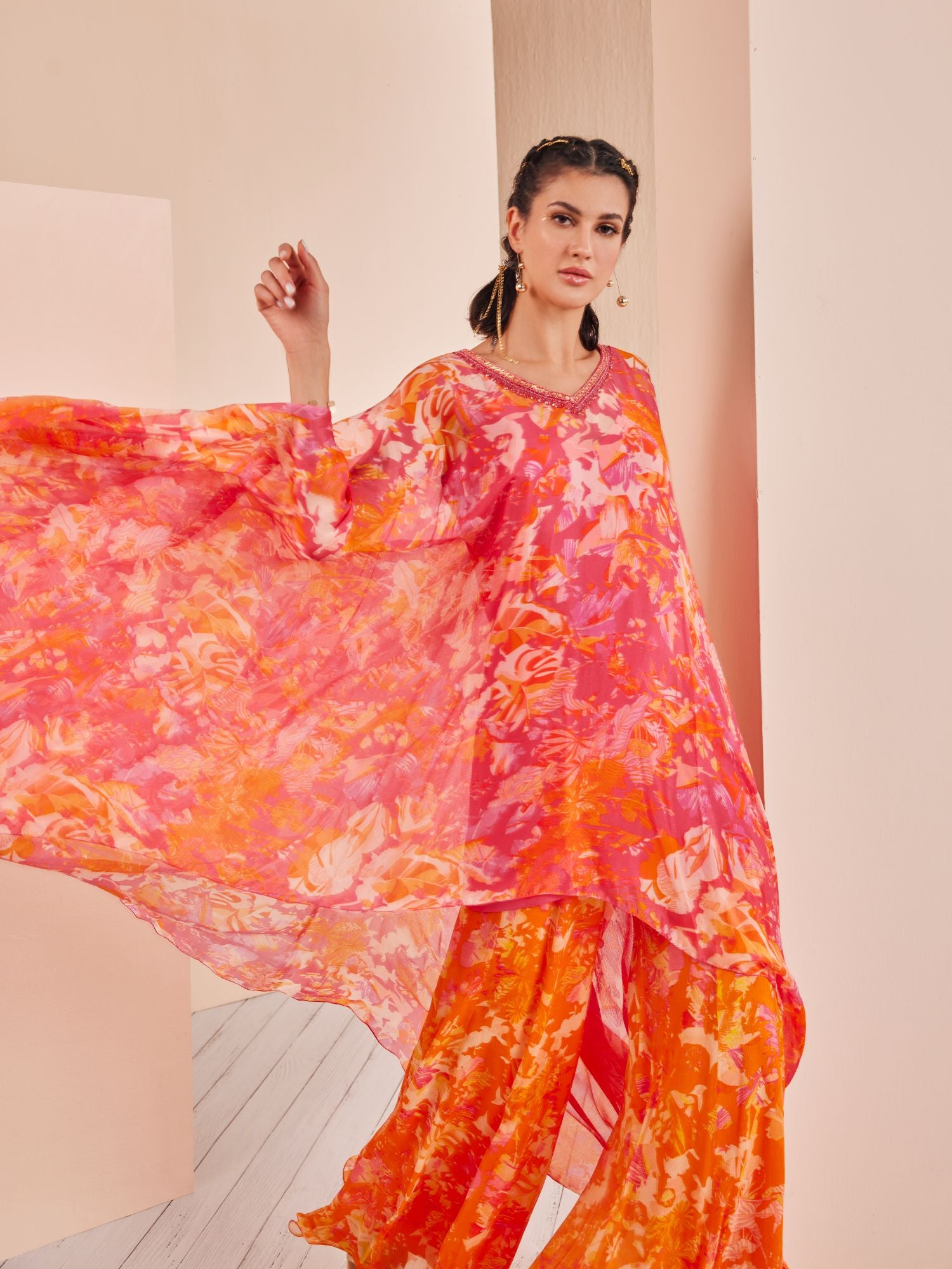 Pink misty femme chiffon tunic with paneled sharara