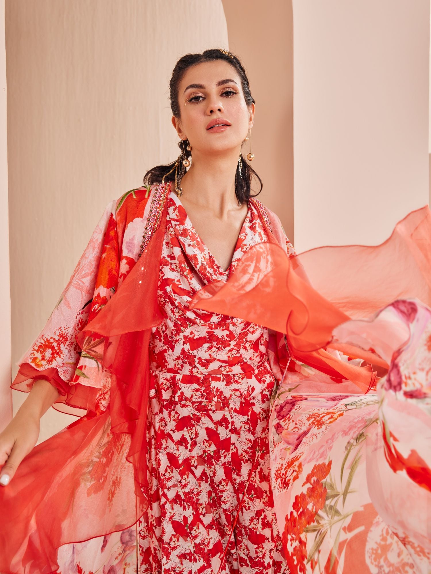 Red ditsy aster printed satin jumpsuit with chiffon cape