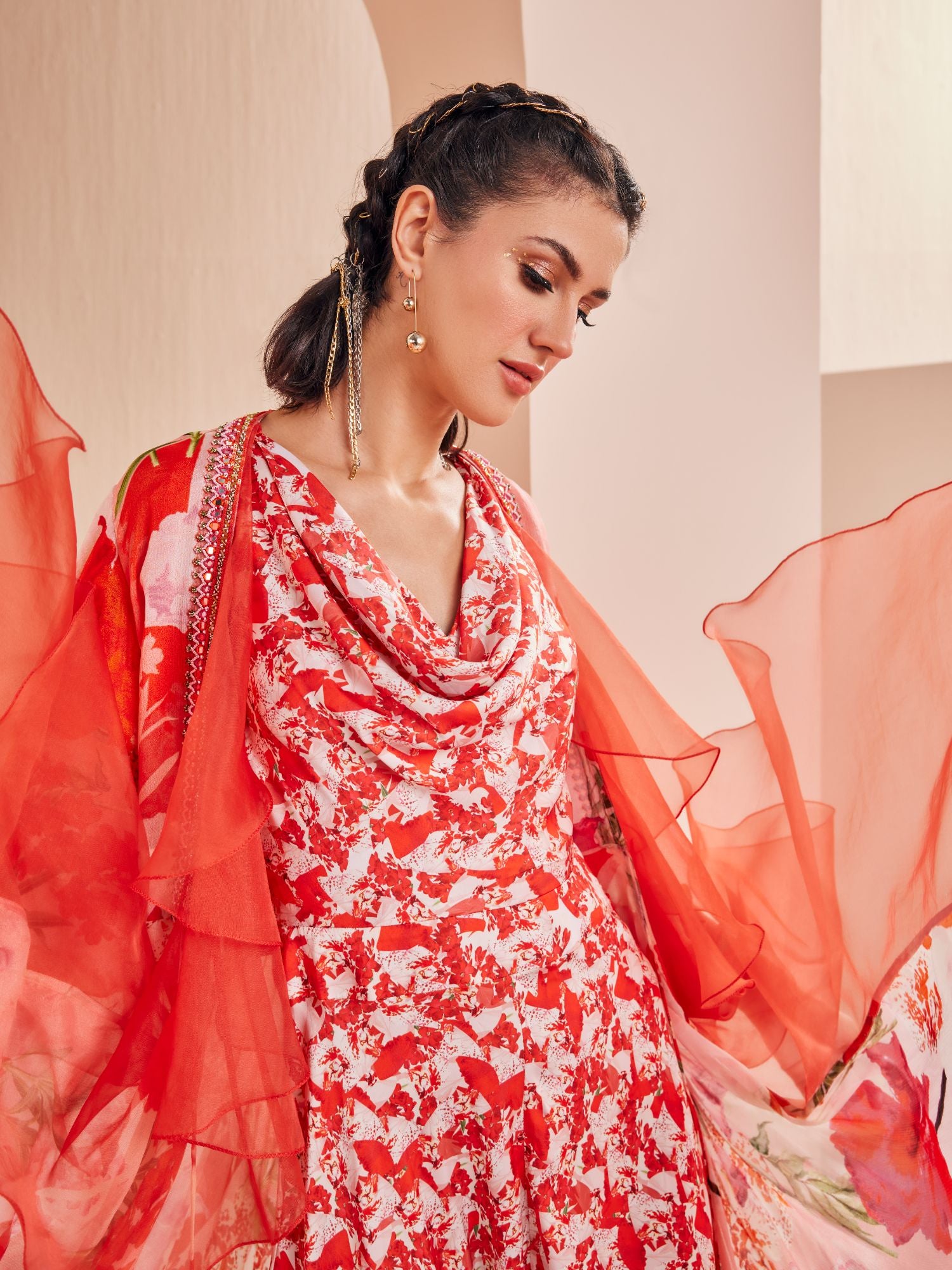 Red ditsy aster printed satin jumpsuit with chiffon cape