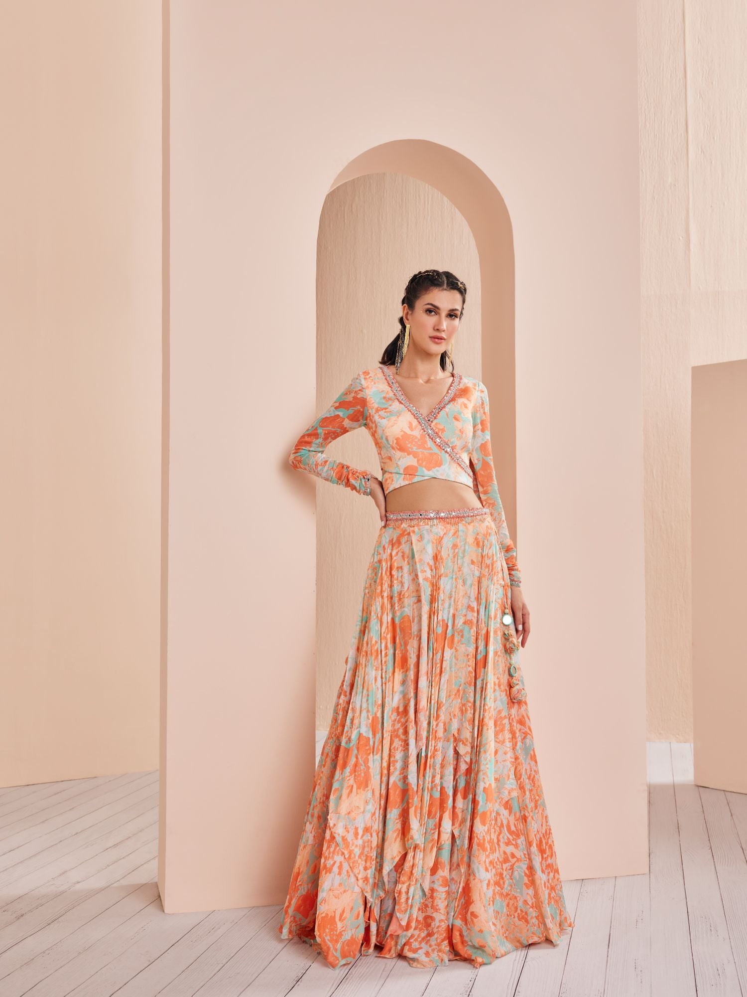 Chiffon printed lehenga with wrap around blouse and ruffled dupatta