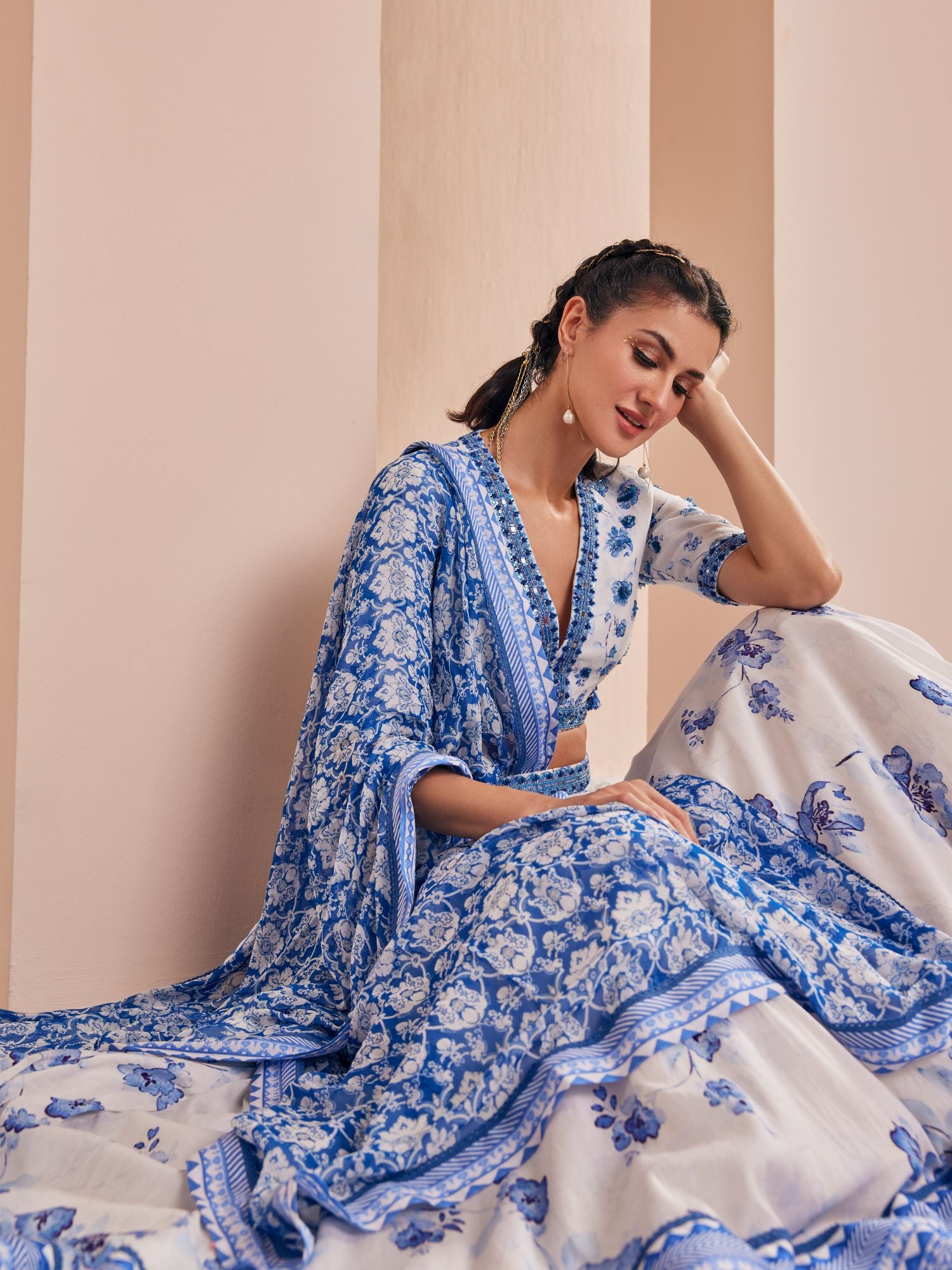 Blue chanderi printed lehenga with blouse and dupatta