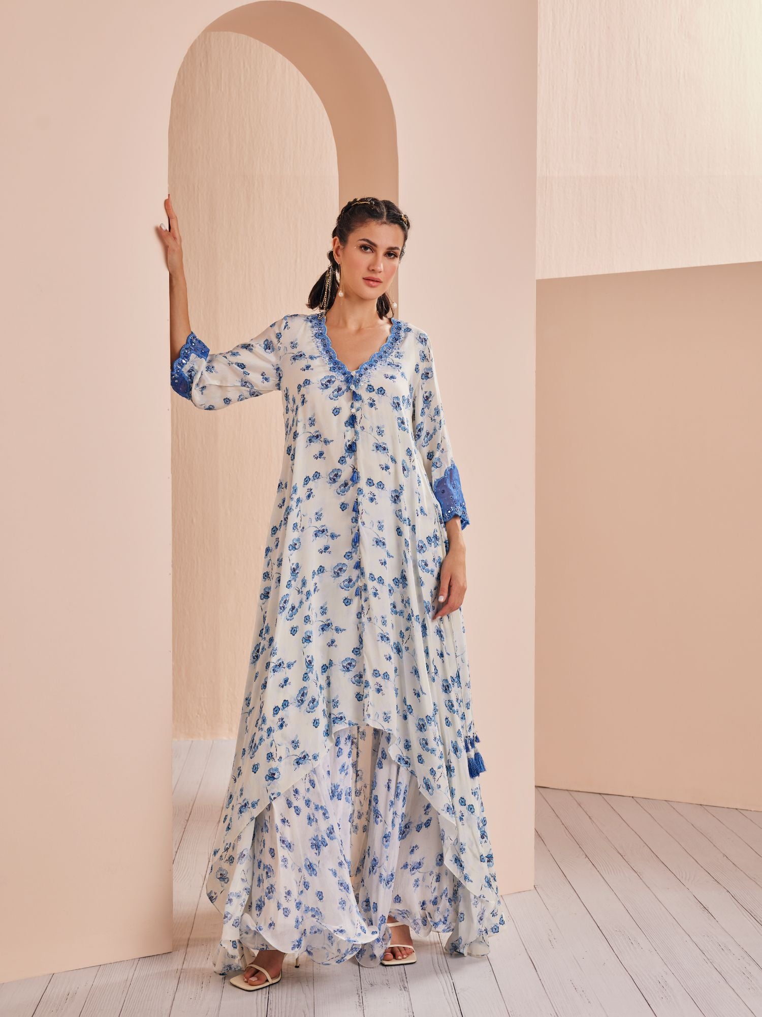 Blue periwinkle floral printed asymmetric kurta with sharara