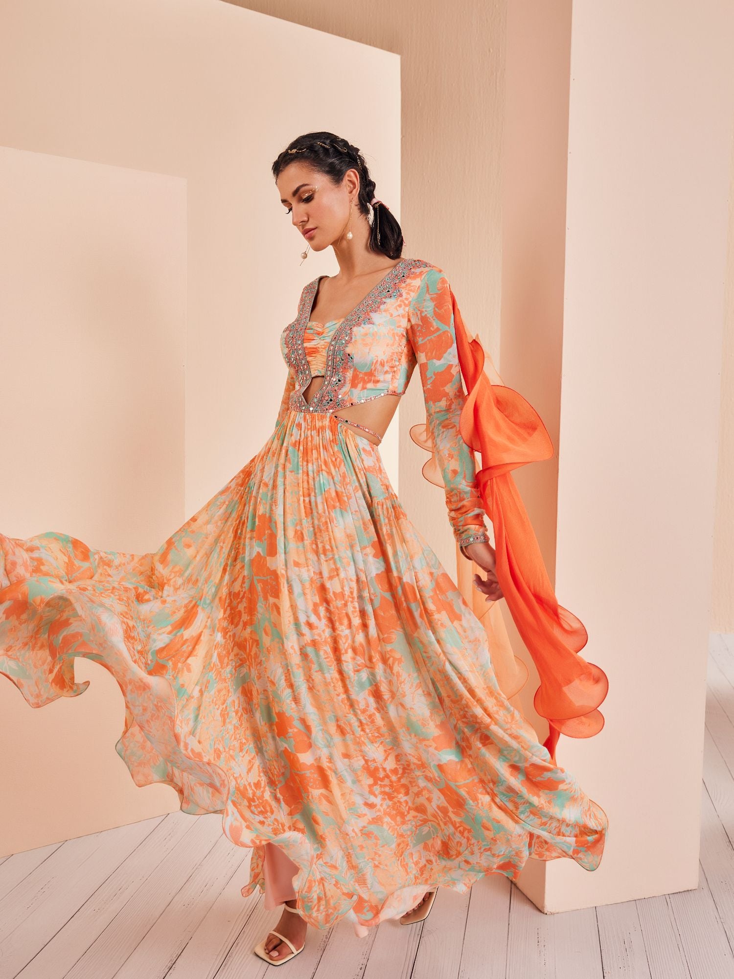 Embroidered anarkali with crunched sleeves paired with mess churidar and delicate chiffon dupatta