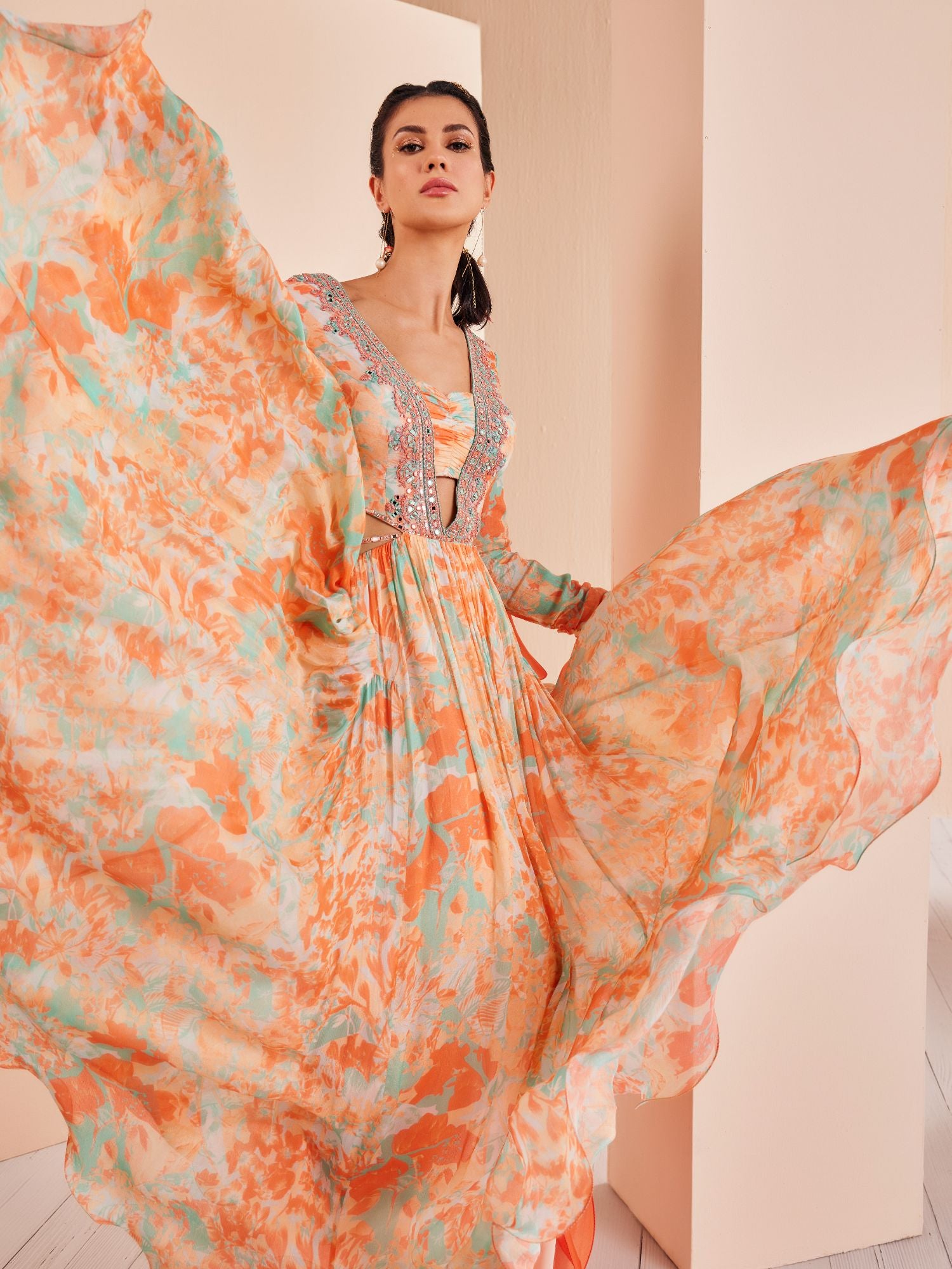 Embroidered anarkali with crunched sleeves paired with mess churidar and delicate chiffon dupatta