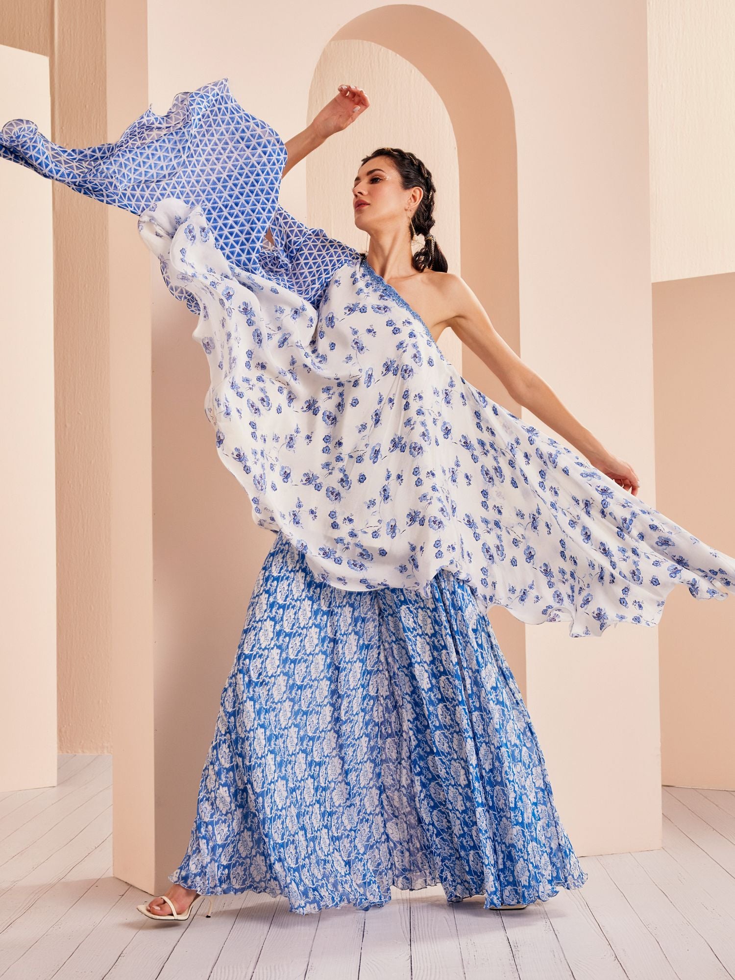 Blue printed one shoulder stylized chiffon top with sharara