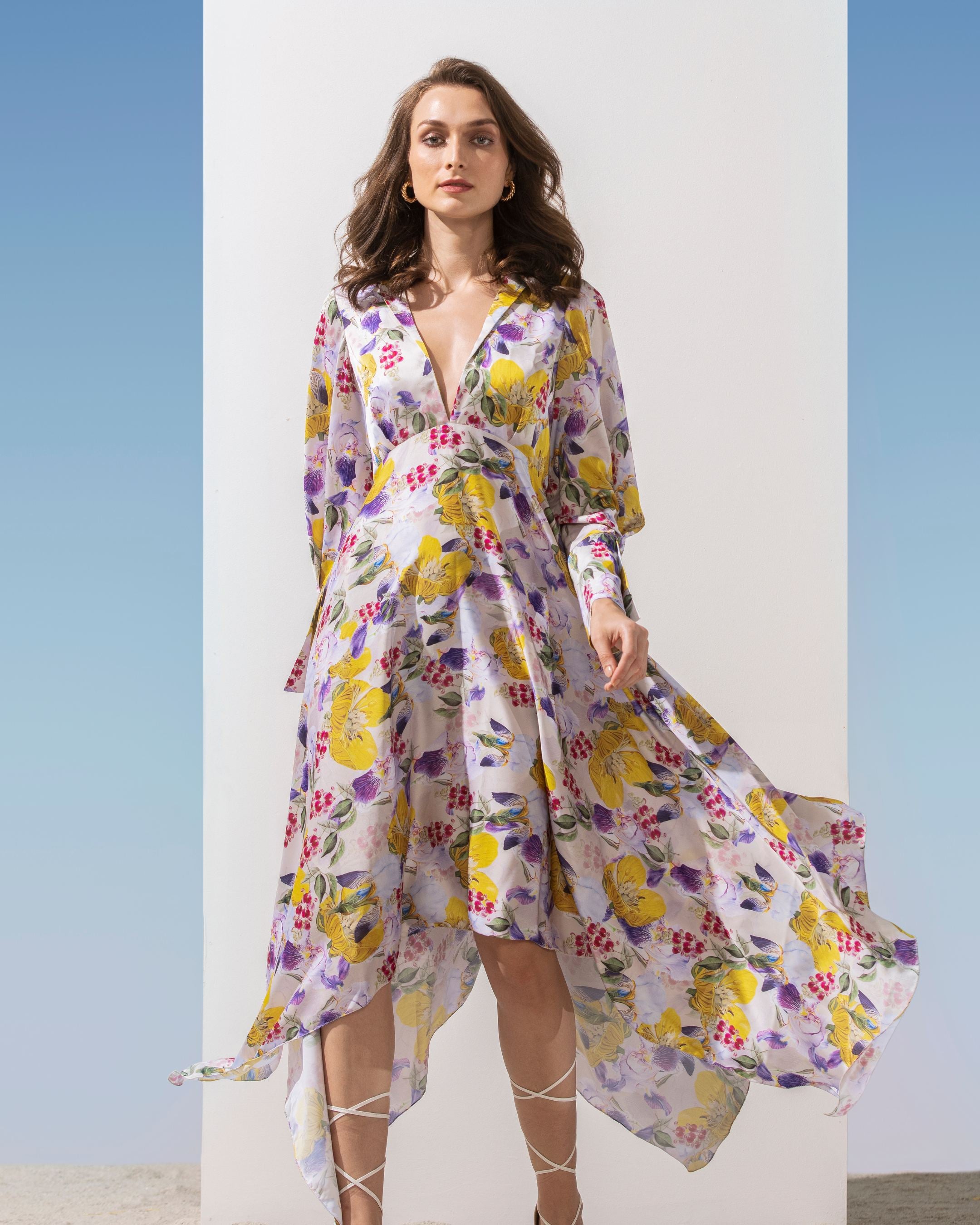 Satin Yellow Multi Printed Asymmetric Dress