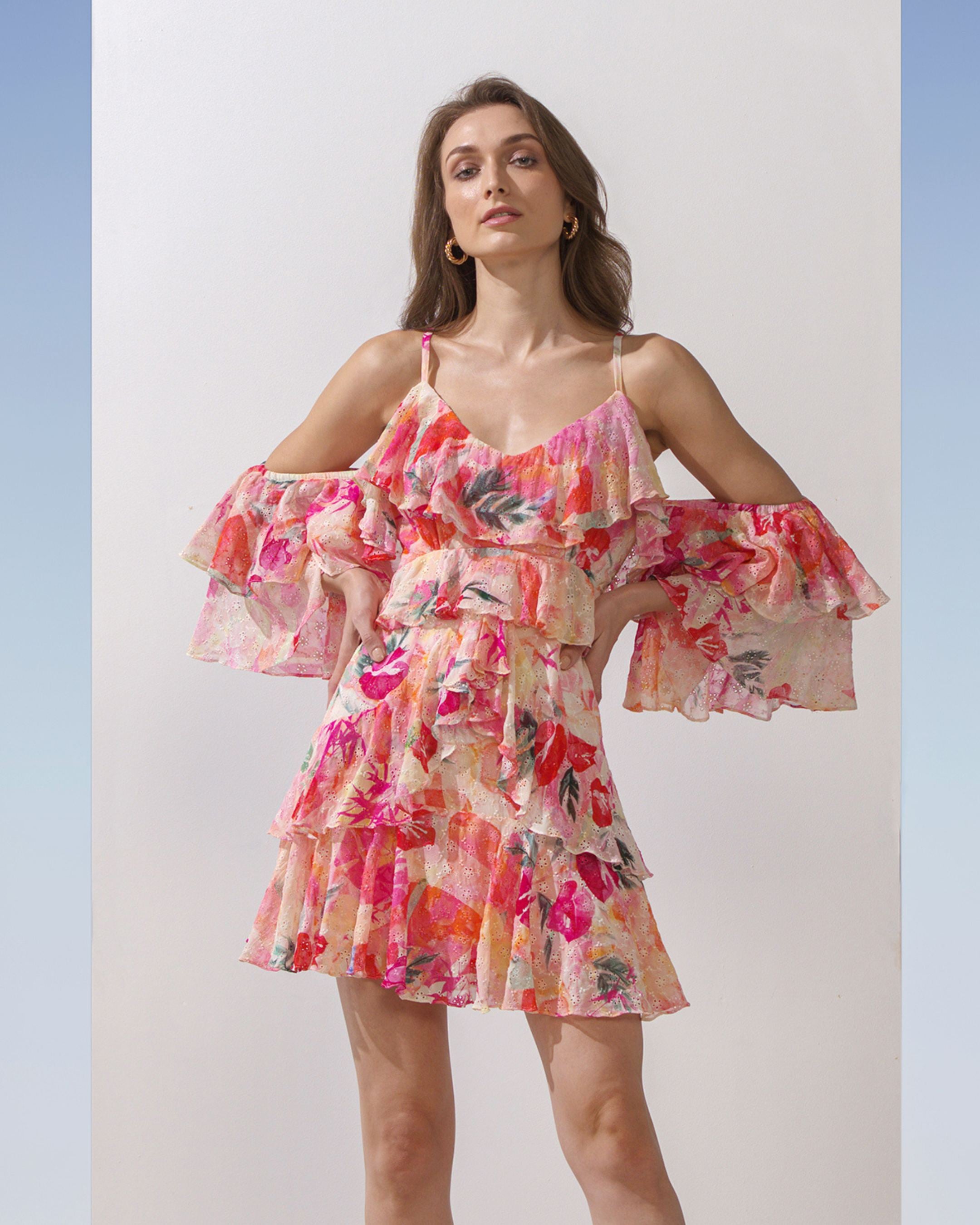 Schiffli Pink Multi Printed Short Dress