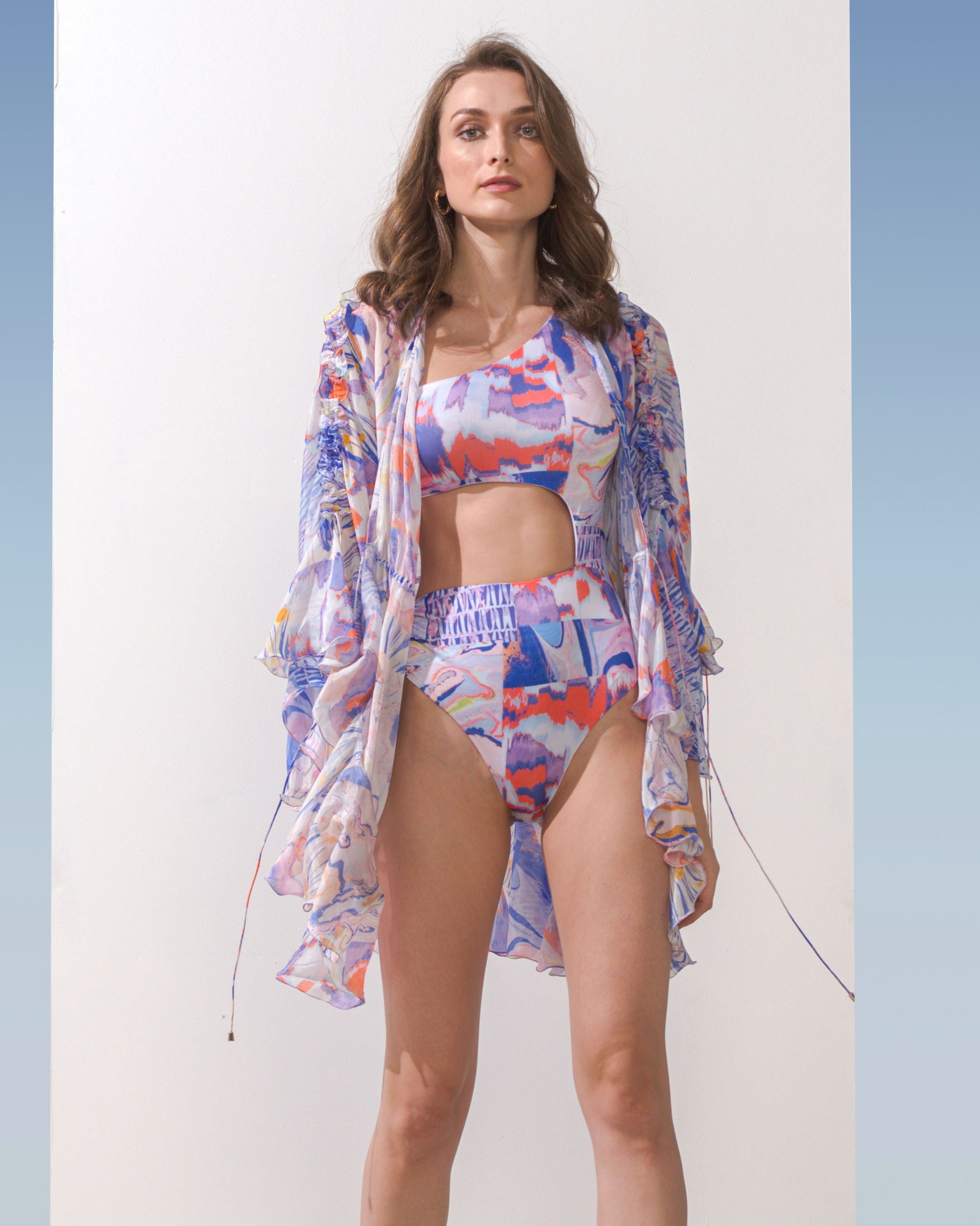 Spandex Blue Multi Printed Bodysuit With Cape