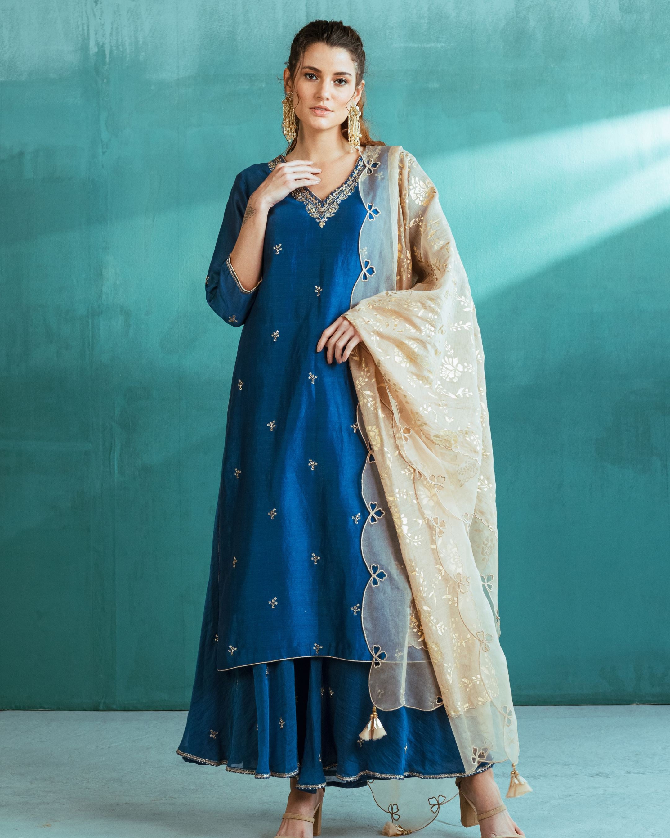 Blue Chanderi Kurta Sharara Set