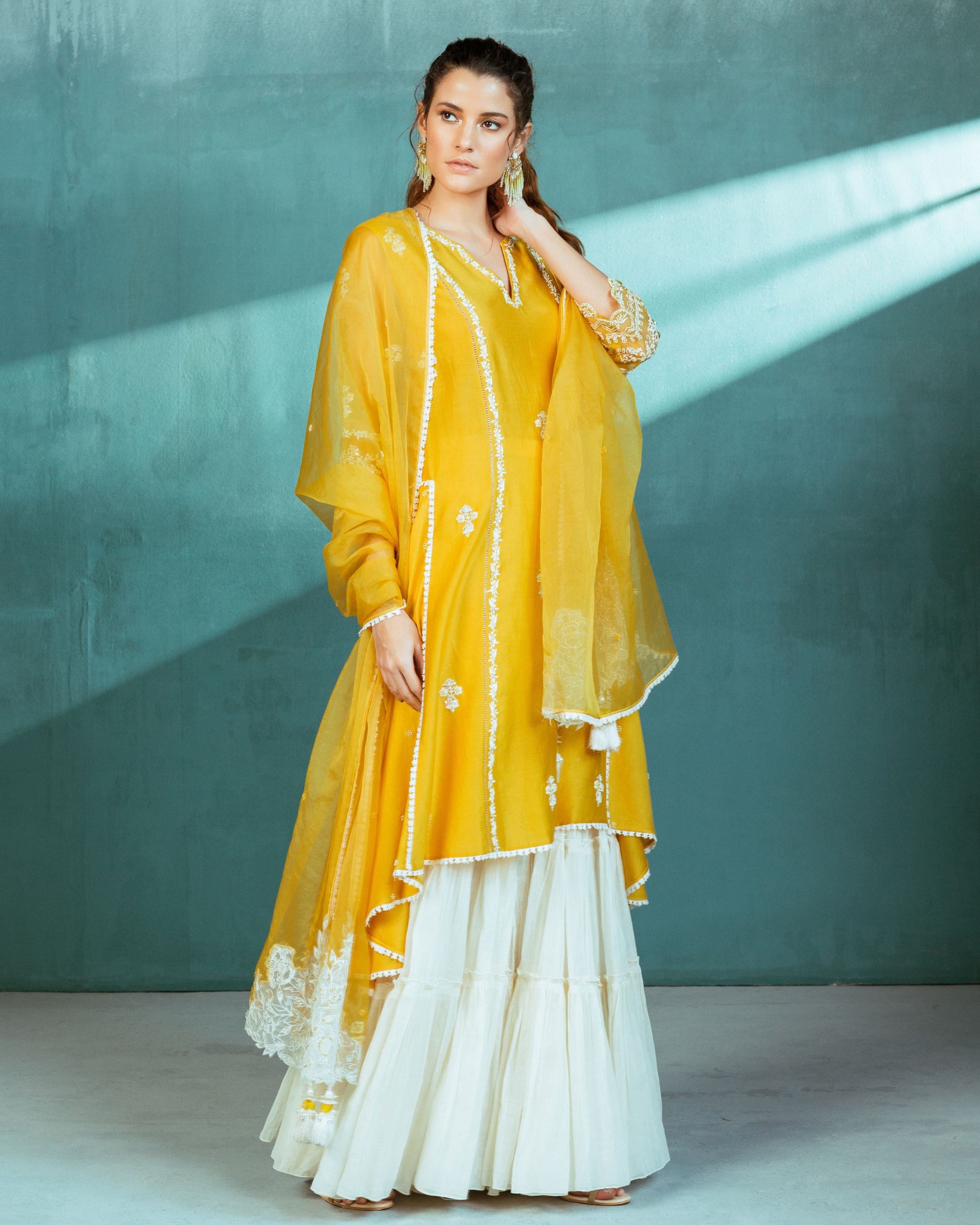 Mustard Chanderi Godet Kurta Sharara Set