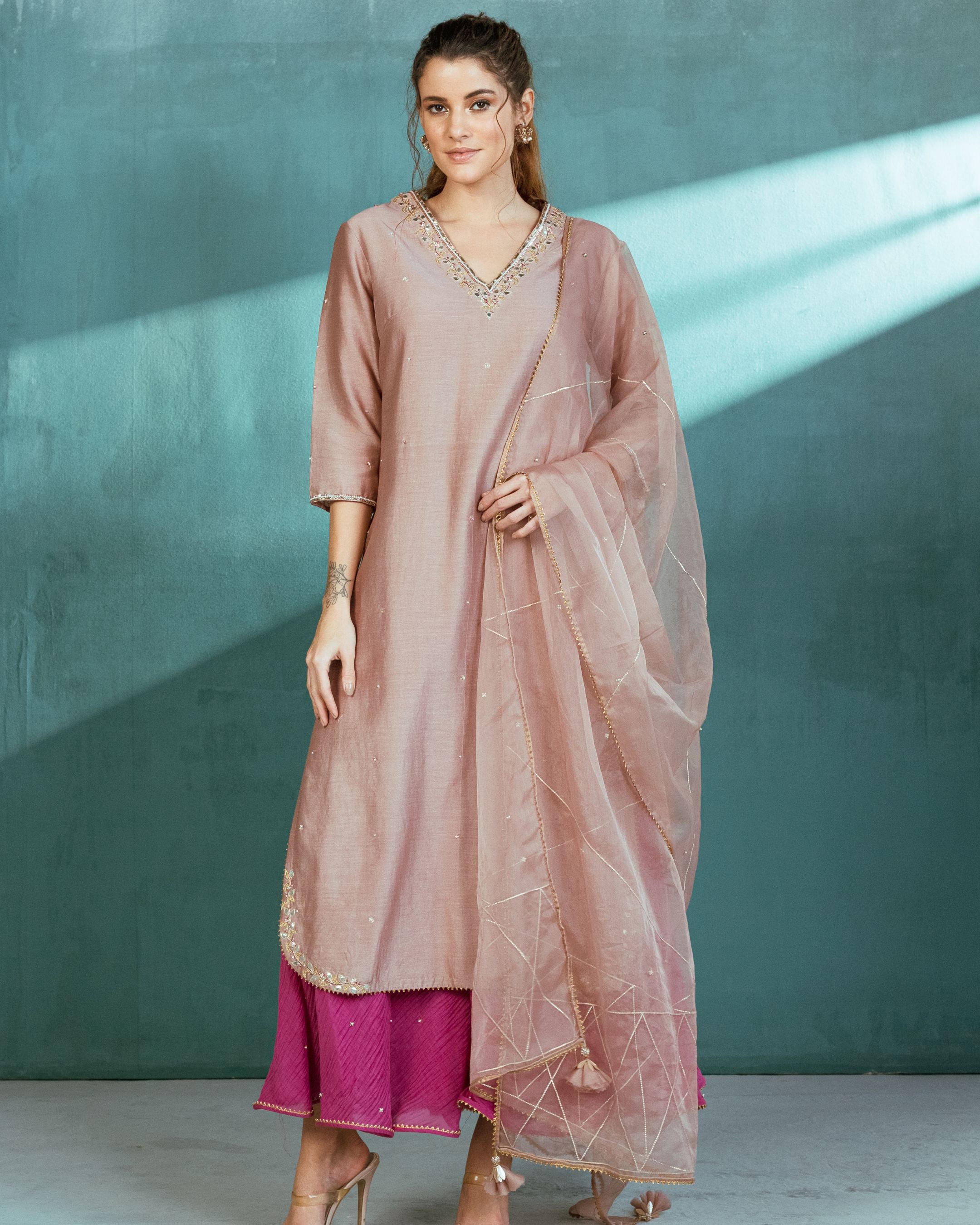 Rosy Chanderi Kurta Sharara Set