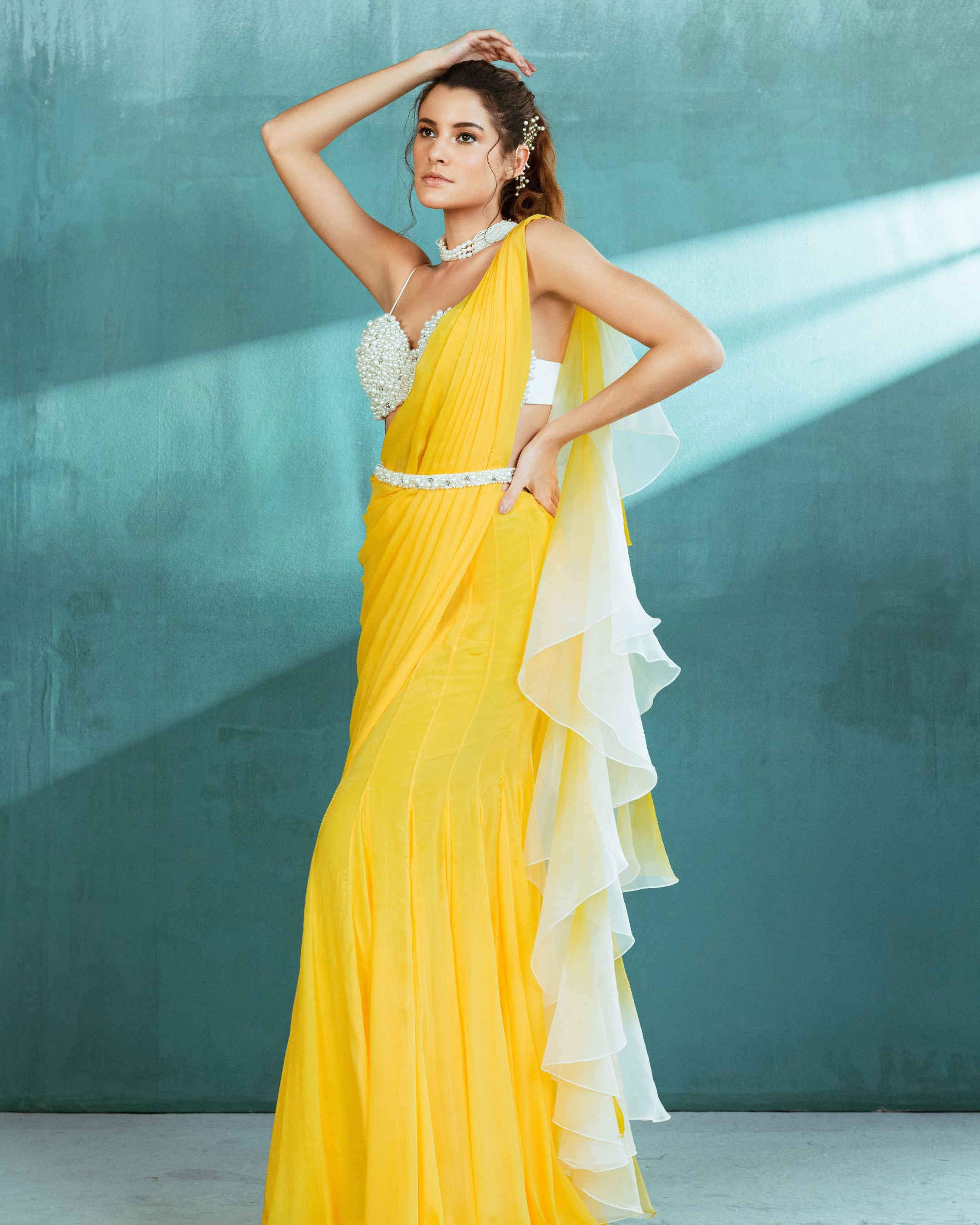Ready To Wear Yellow Chiffon Shimmer Saree With Waist Belt, Belt Design  For Saree