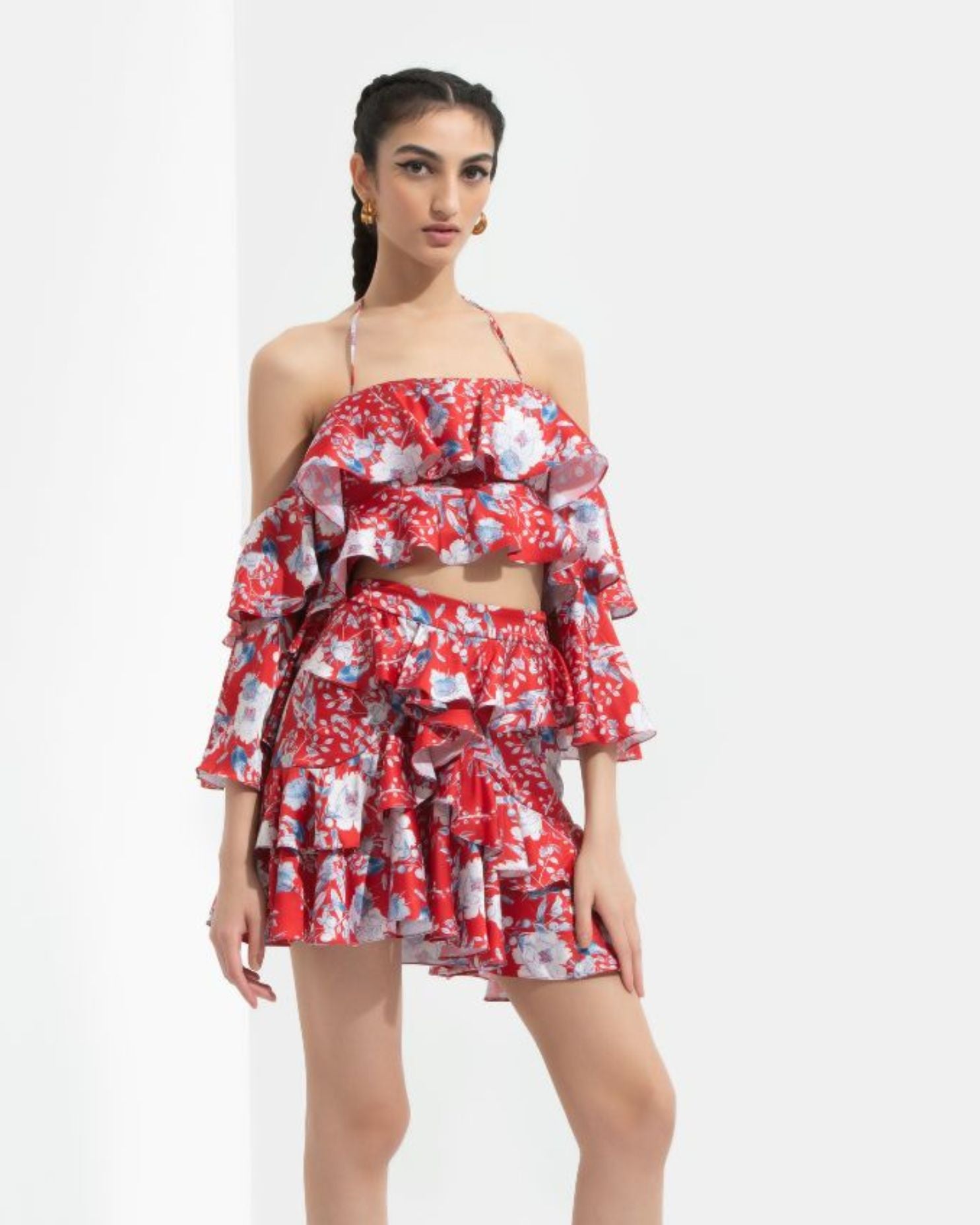 Ajisia Printed Cold Shoulder Blouse Paired With Short Skirt