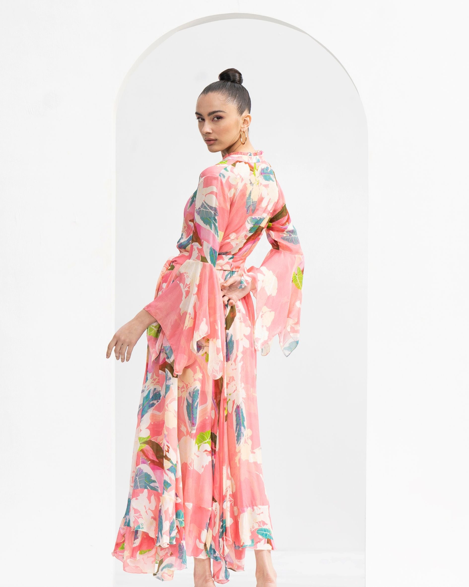 Peach Tropical Chiffon Dress with Godets & Ruffled Neckline #RTS