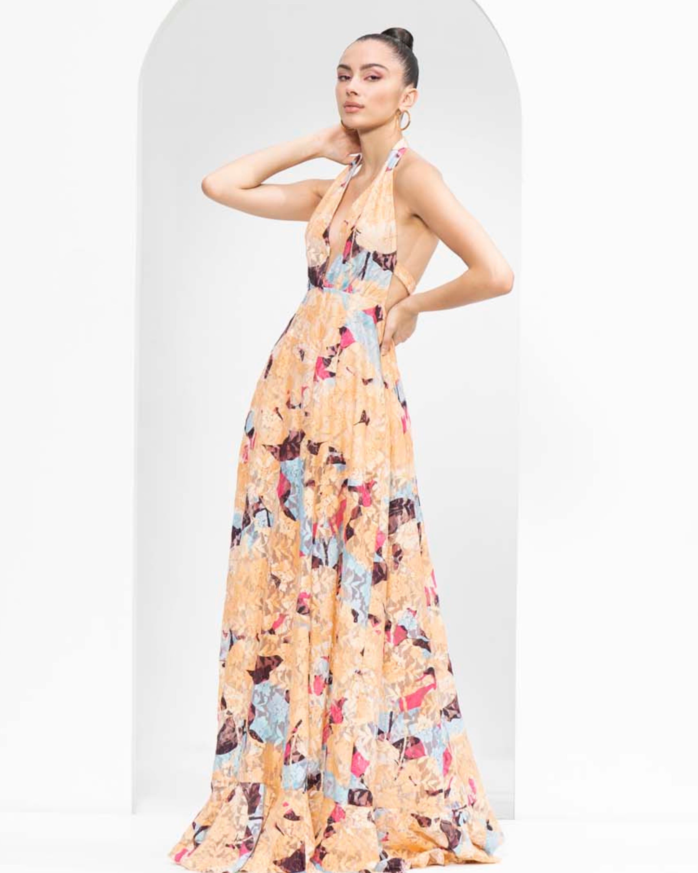 Mystic beige printed long dress made from cutwork Chantley with a halter neckline.