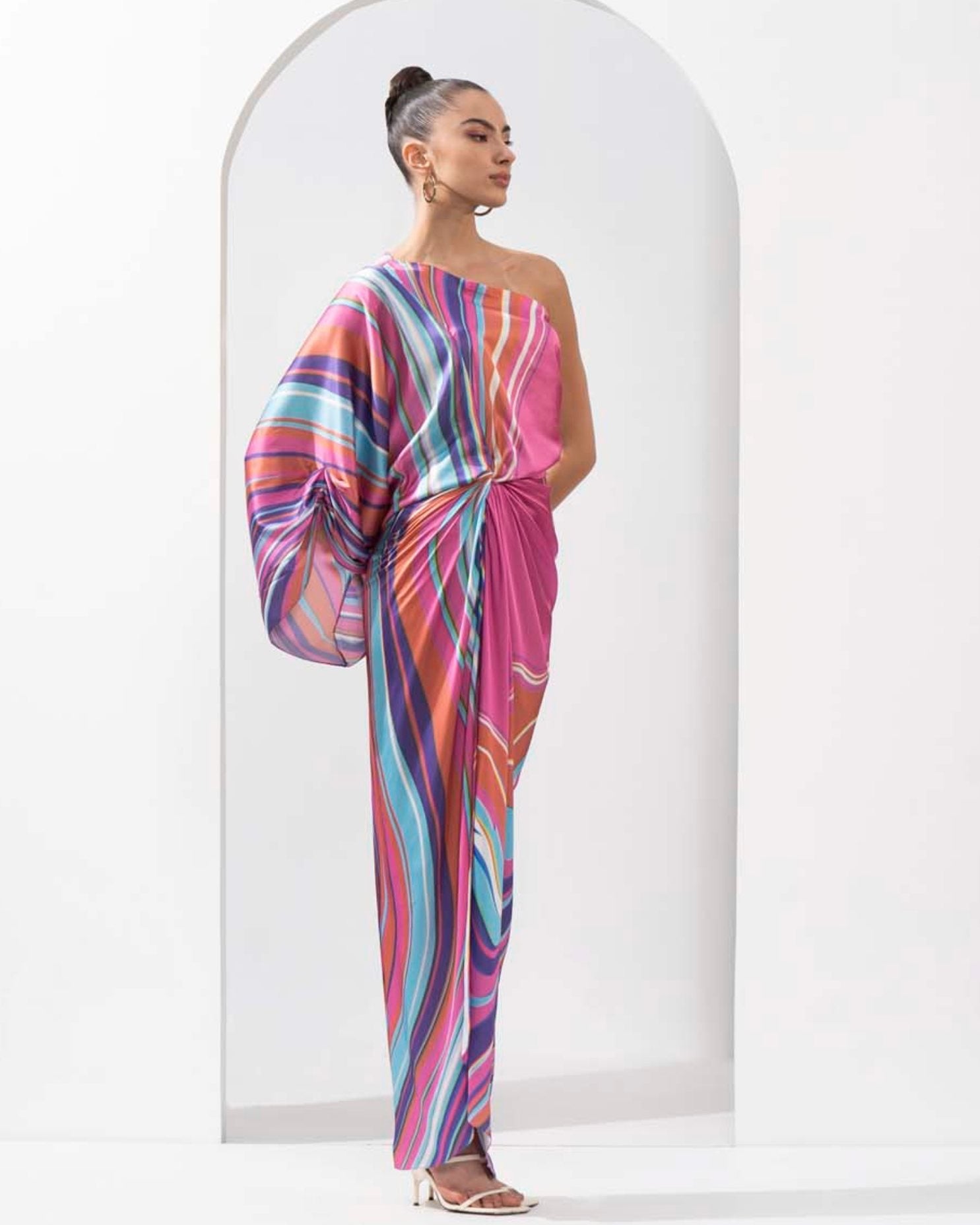 Pink marble placement printed draped dress made with lustrous satin.