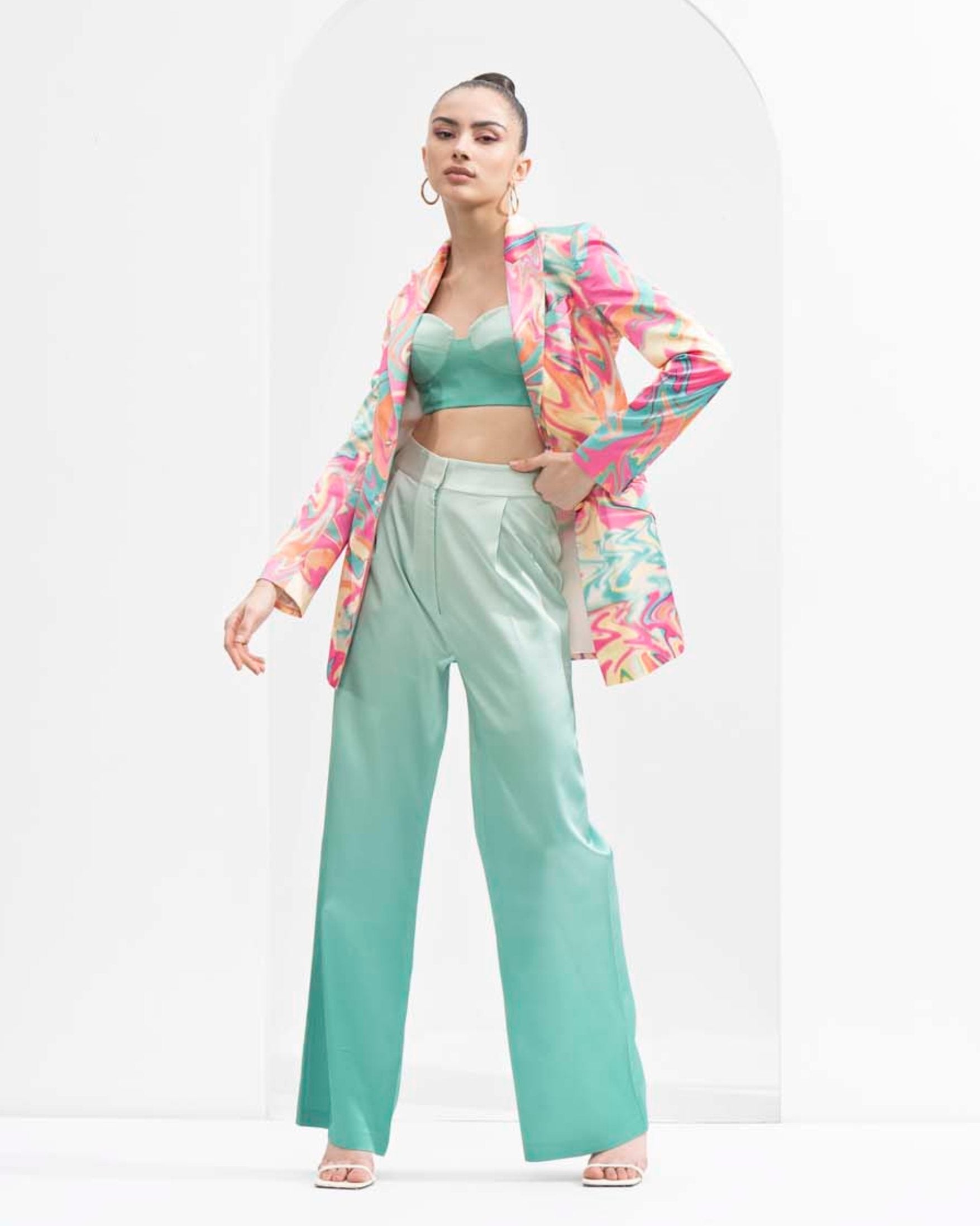 Blurred printed satin jacket, ombre printed corset bustier, and pants. #RTS