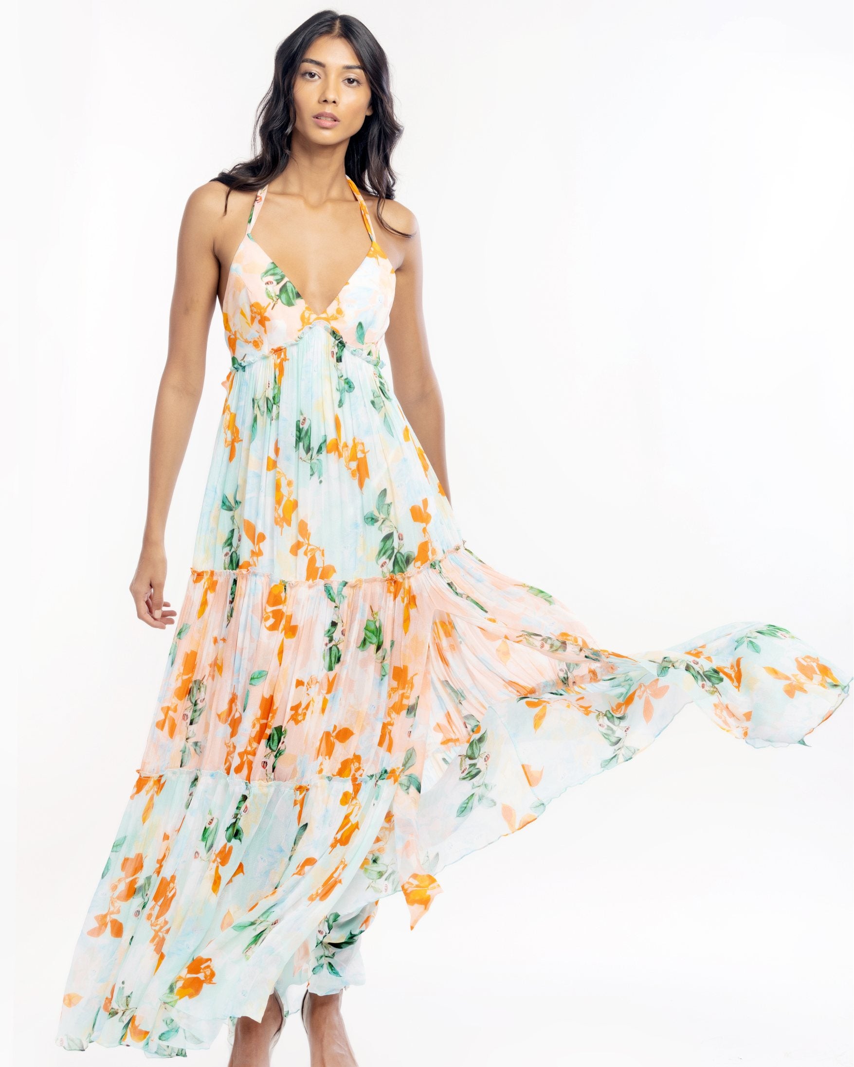 Chiffon Printed  Layered Halter Neck Dress