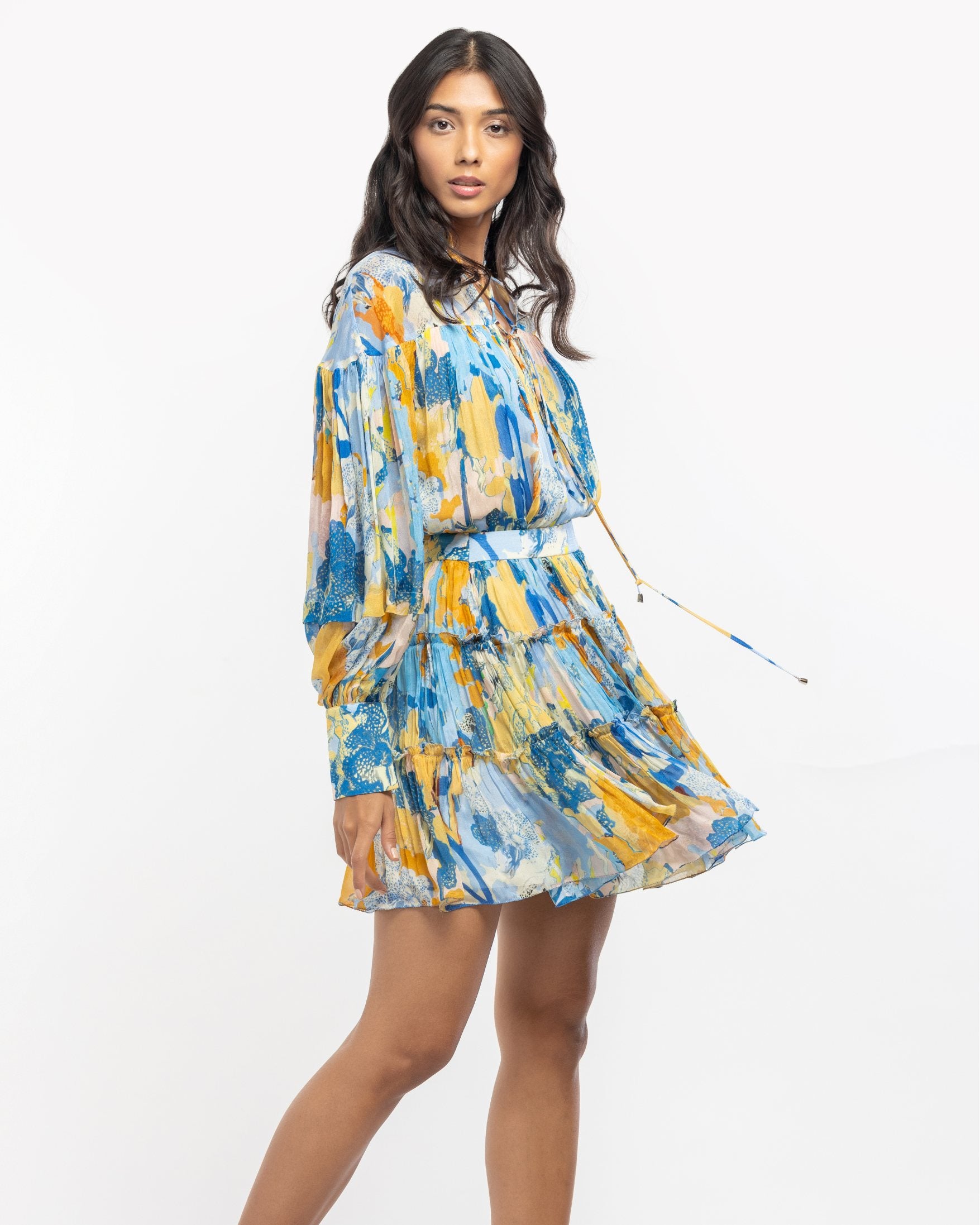 Chiffon Printed Gathered Top With Tiered Skirt