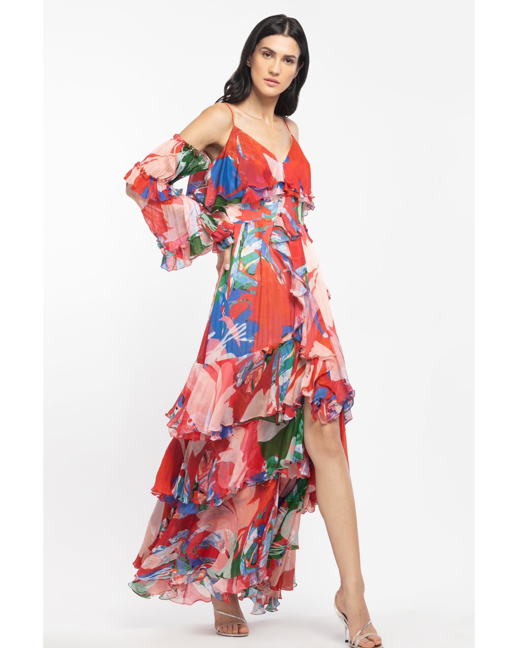 Chiffon Printed Layered Long Dress for women by Mandira Wirk