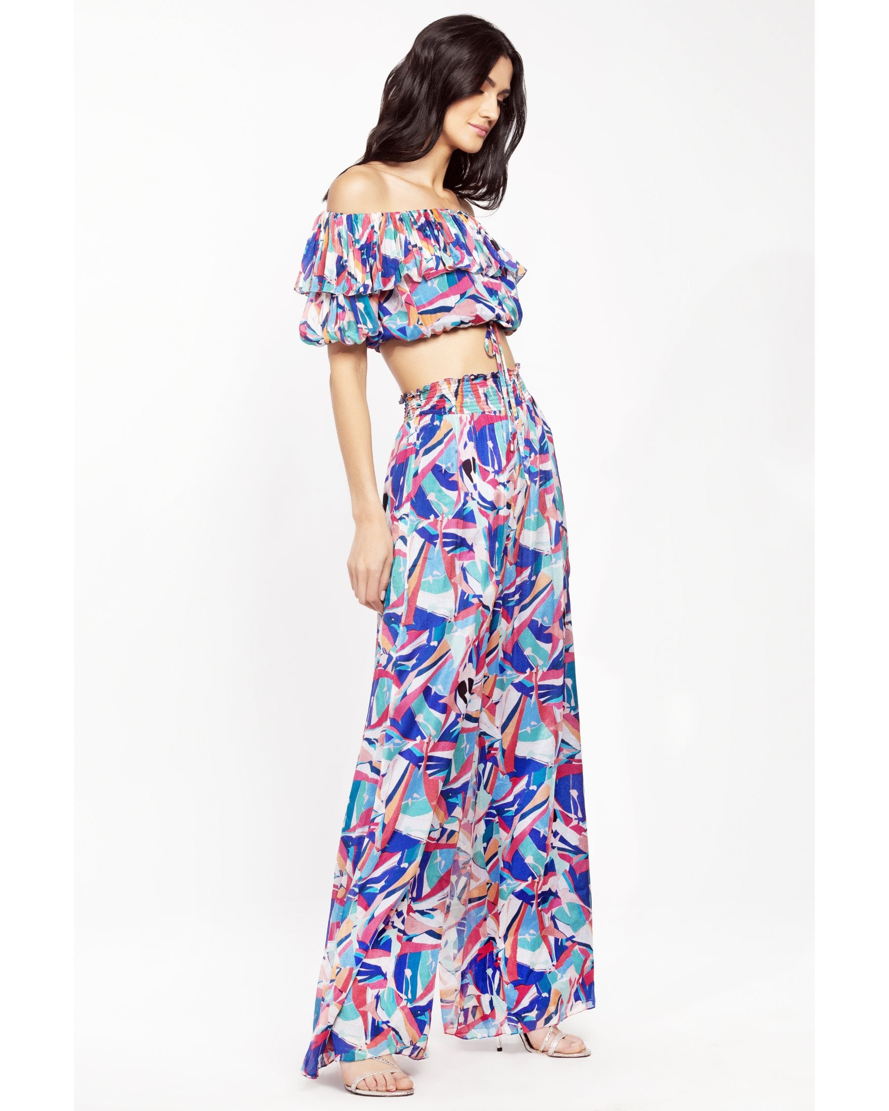 Chiffon Printed Off Shoulder Top With Smocking Pants