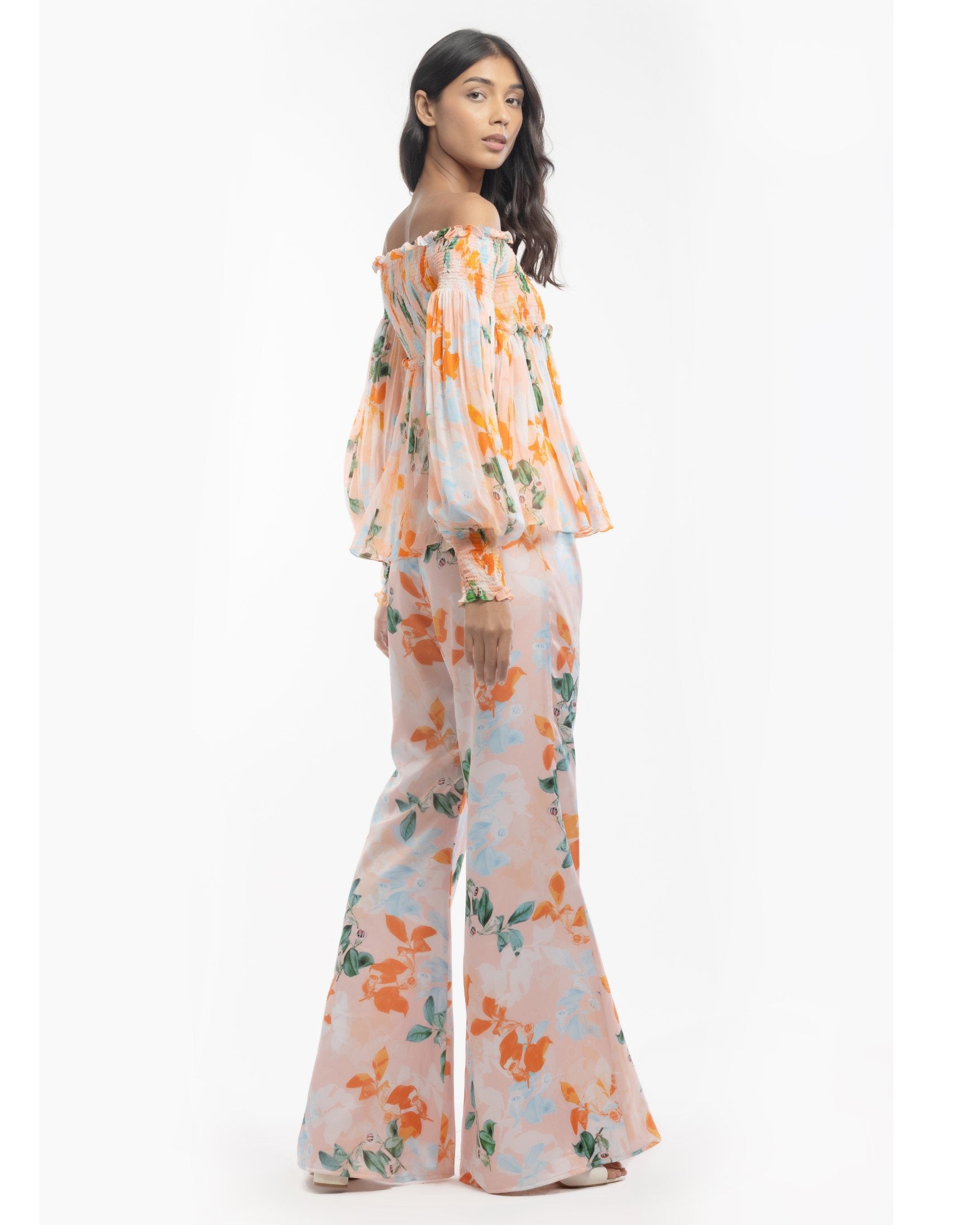 Chiffon Printed Smocking Detail Top With Satin Printed Pants