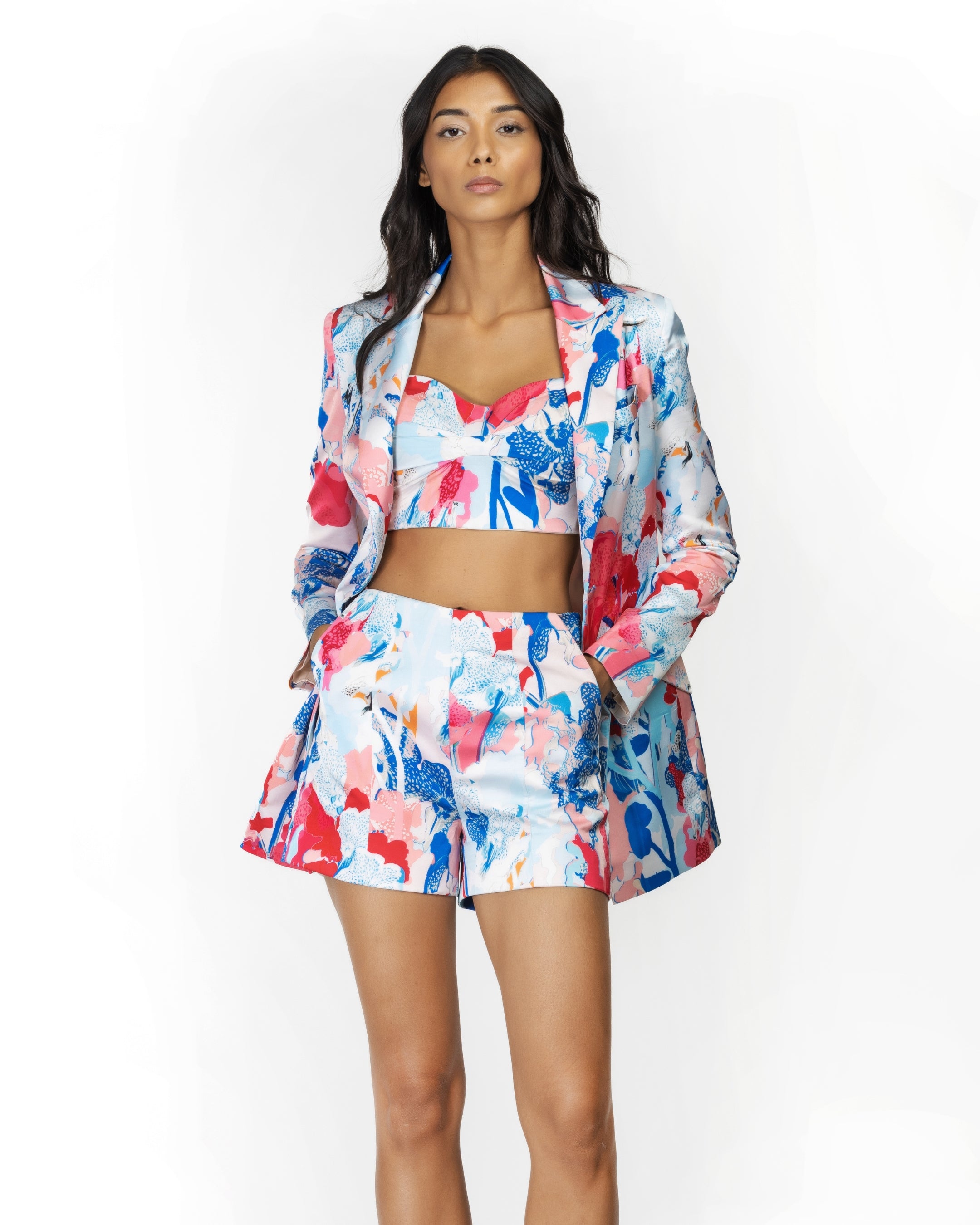 Satin Printed Jacket With Shorts And Bustier