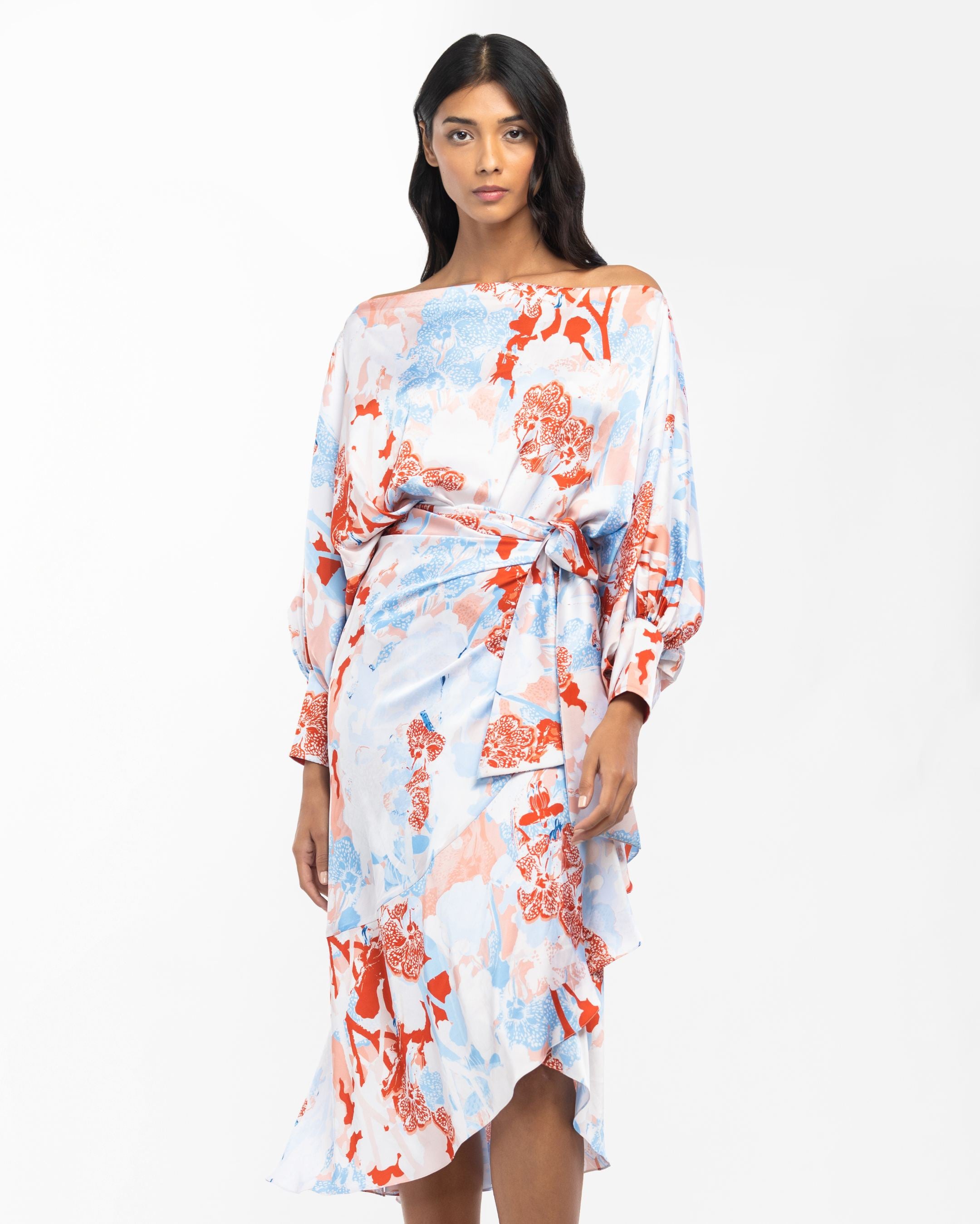 Satin Printed Off Shoulder Top With Wrap Skirt