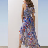 Chiffon Blue Printed Asymmetric Fall Dress