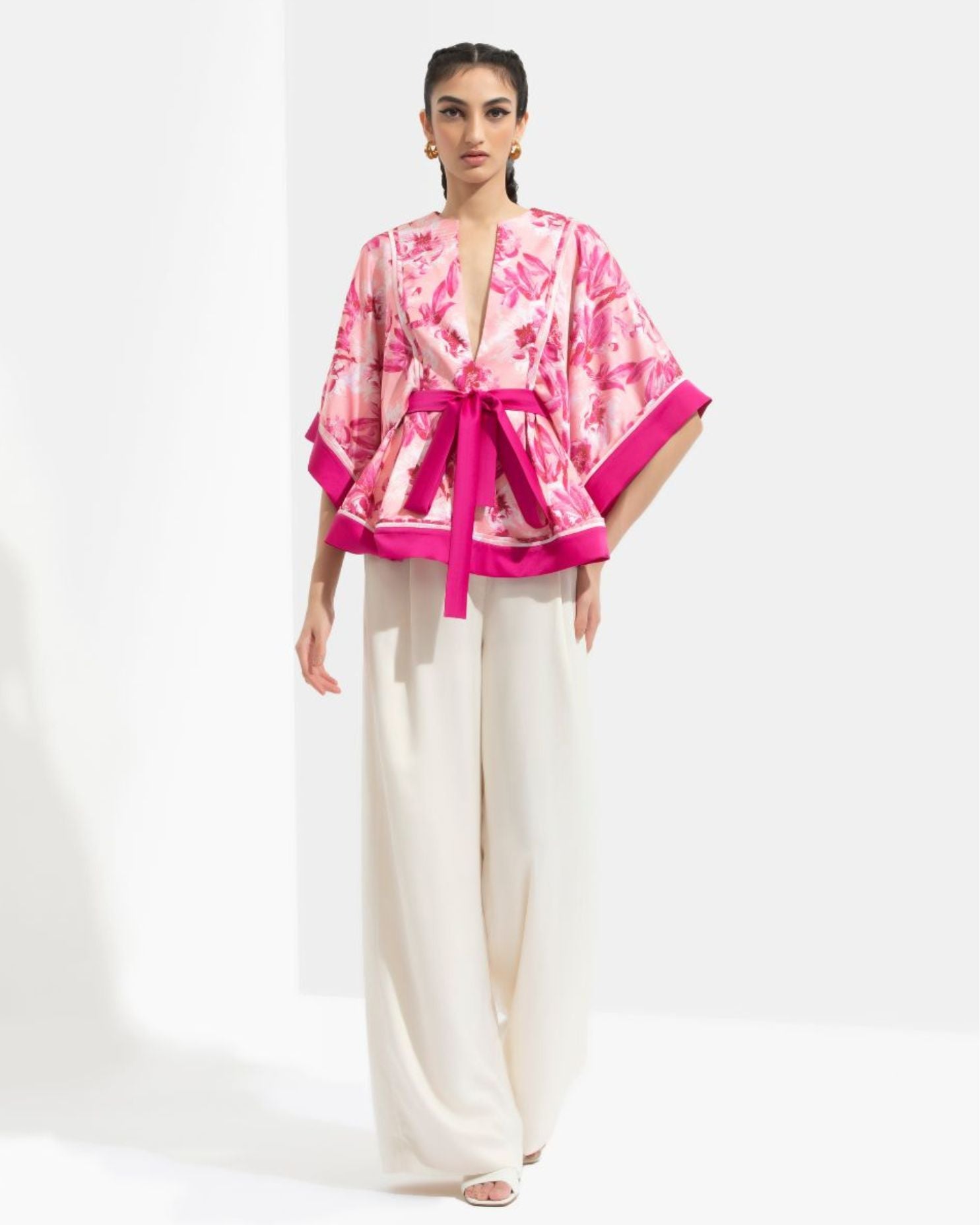 Sakura Printed Peplum Top With Kimono Sleeves Paired With Ivory