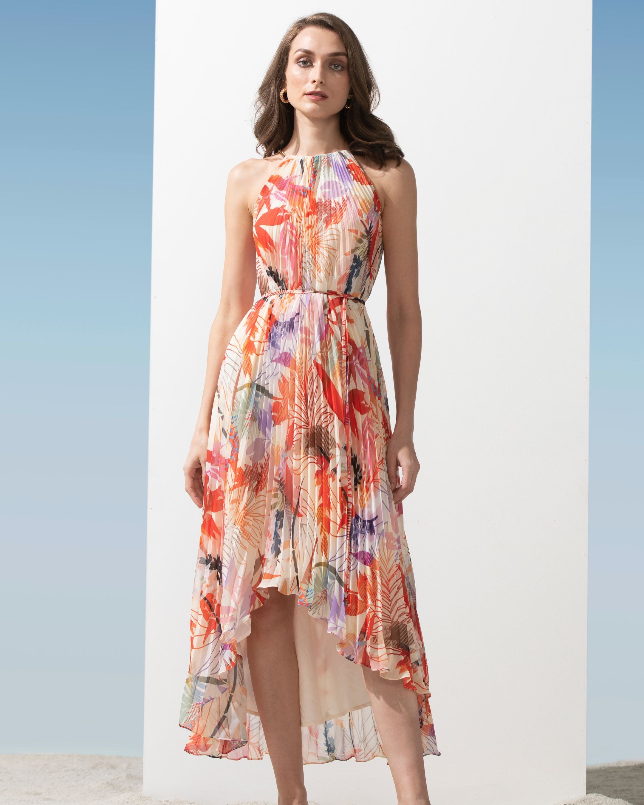 Georgette Coral Multi Prints Pleated Dress