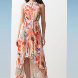 Georgette Coral Multi Prints Pleated Dress