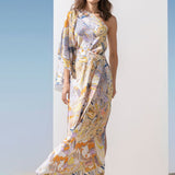 Satin Yellow Multi Printed One Shoulder Kaftan