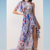 Chiffon Blue Printed Asymmetric Fall Dress