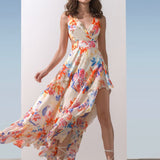 Chiffon Multi Coral Printed Cut Out Dress