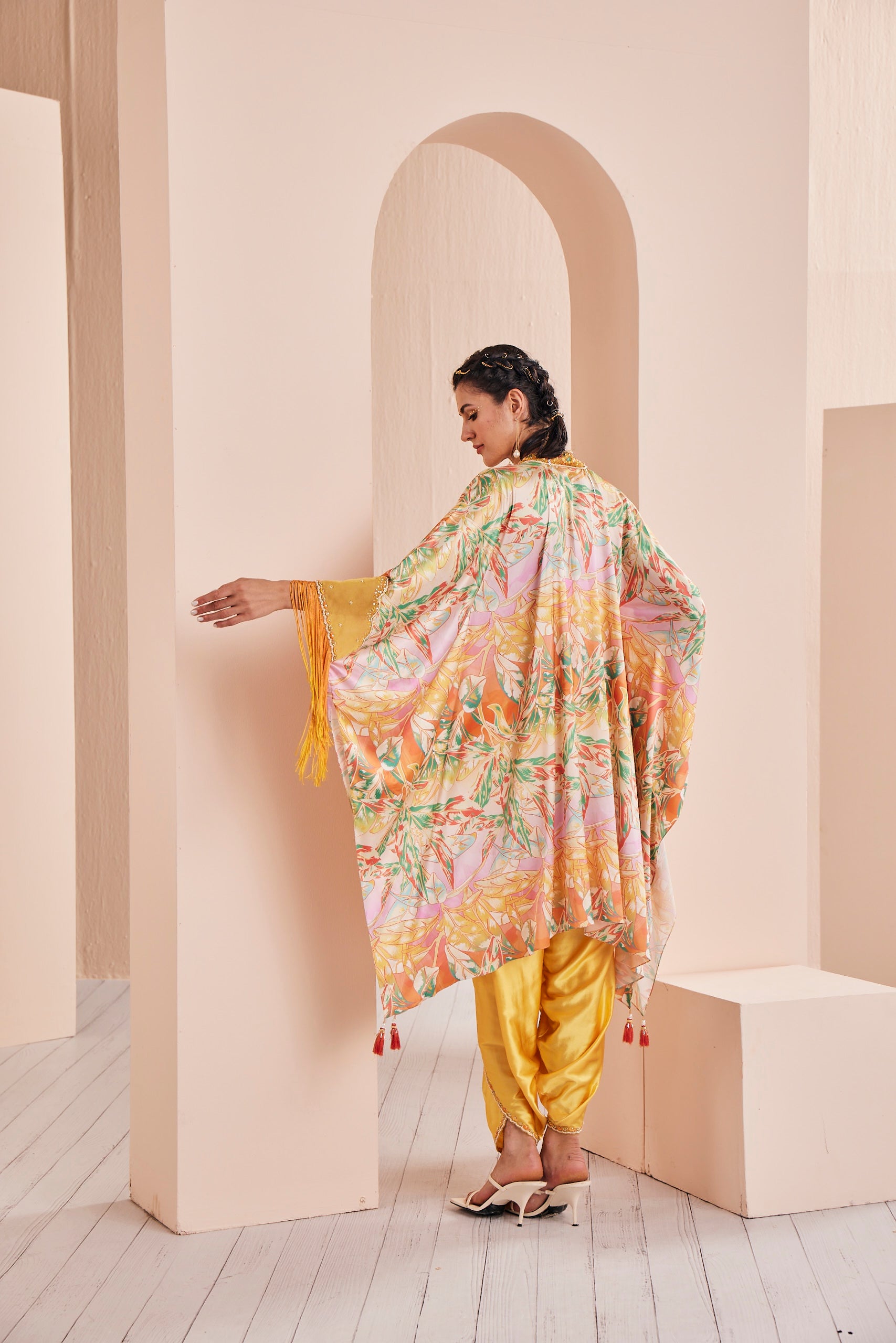 Yellow leafy ash printed satin kaftan kurta and dhoti