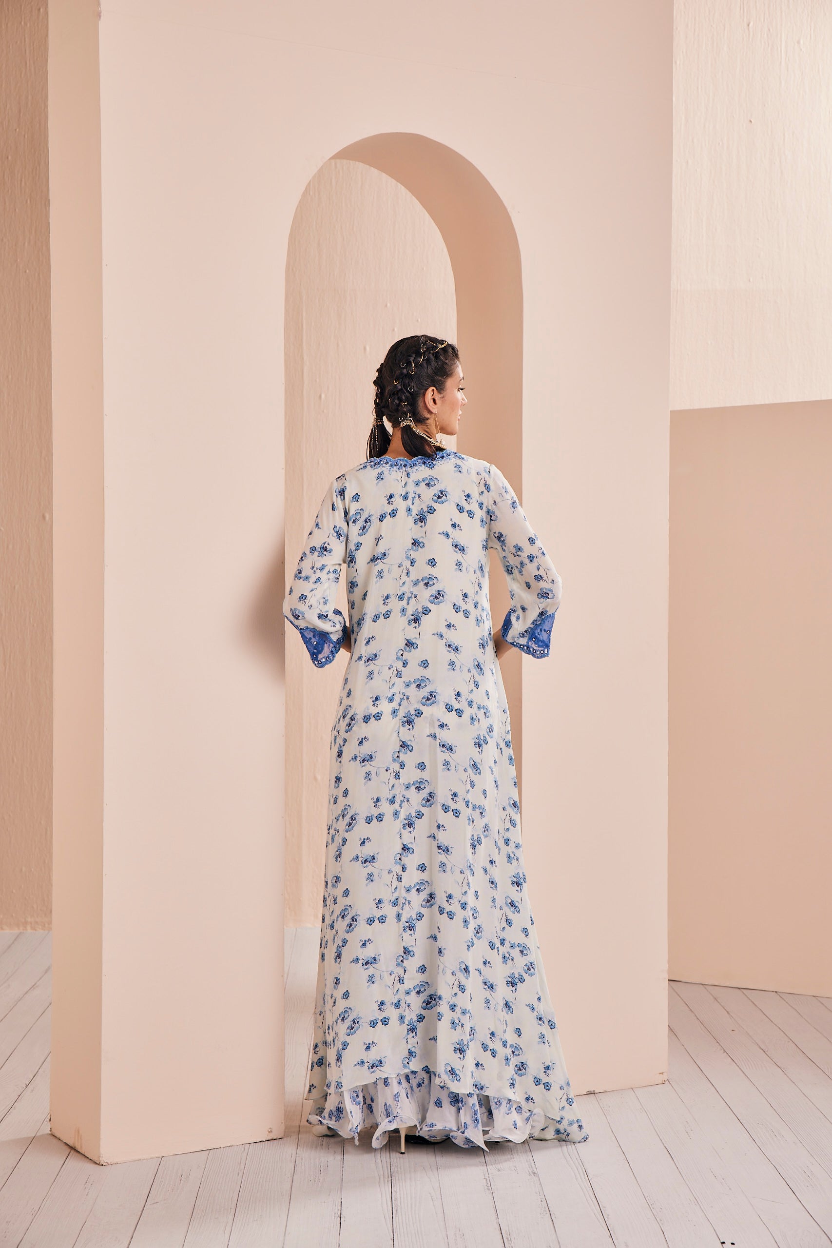 Blue periwinkle floral printed asymmetric kurta with sharara