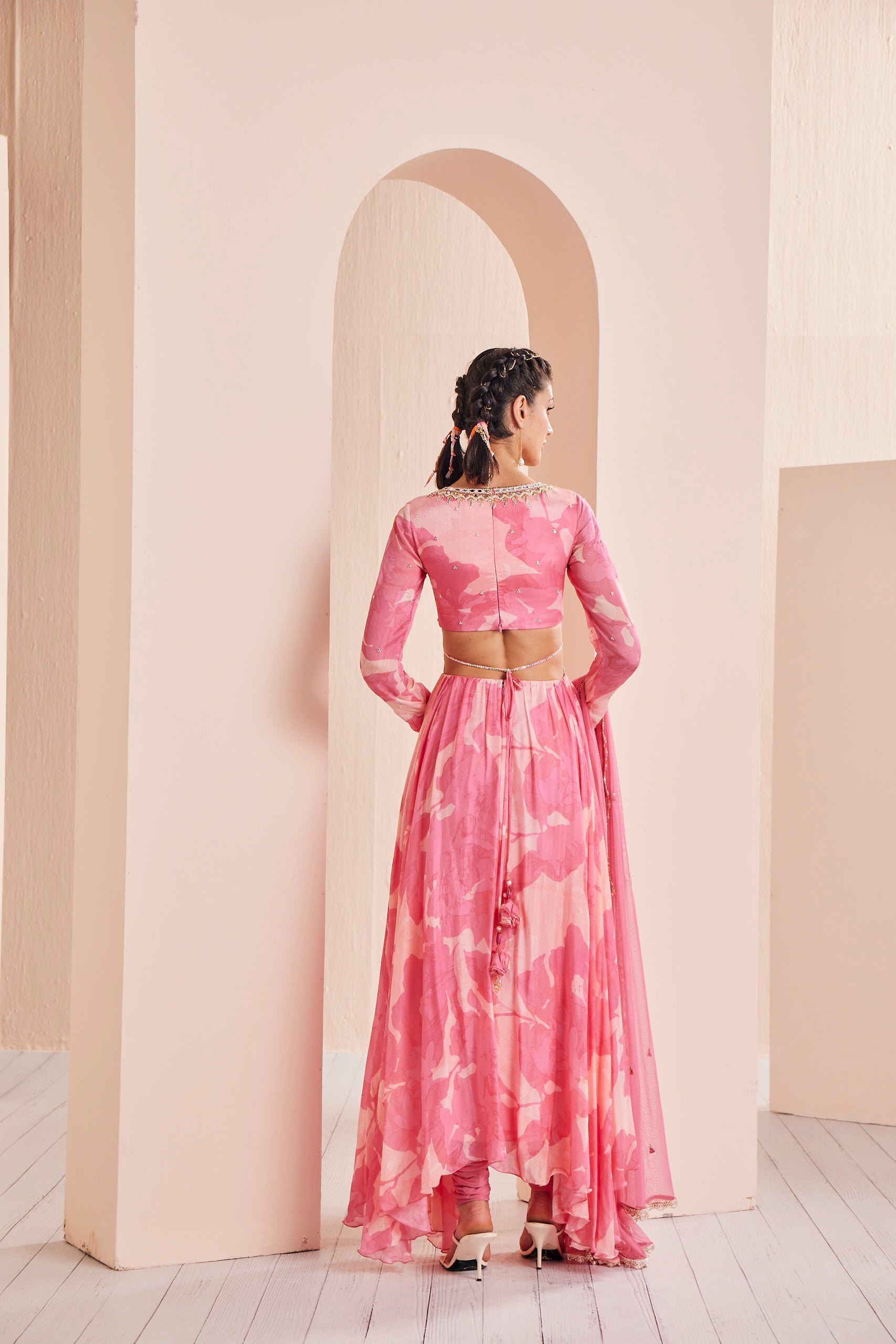 Hand embroidered cutout anarkali in crunched sleeves paired with mess churidar and delicate dupatta