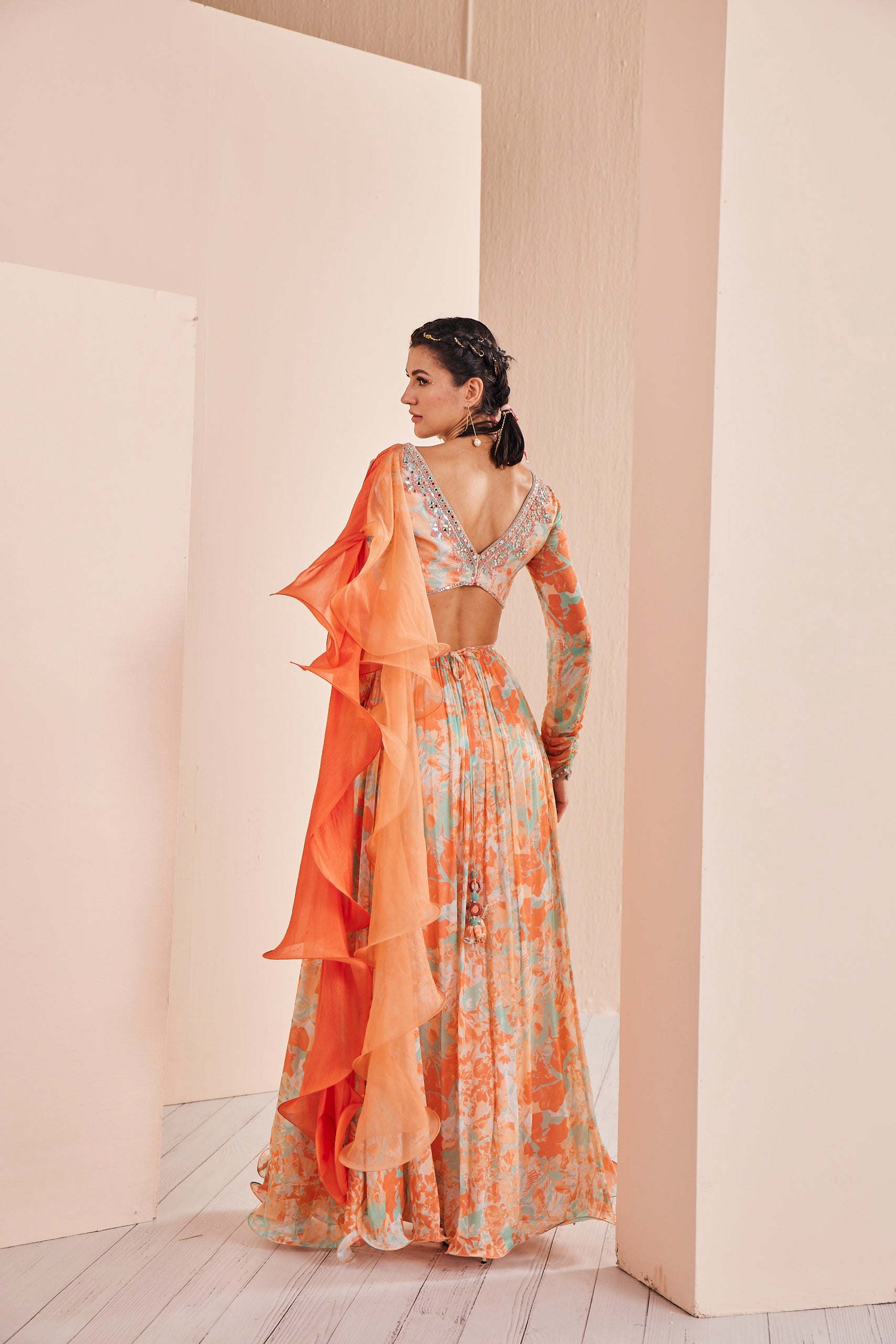 Embroidered anarkali with crunched sleeves paired with mess churidar and delicate chiffon dupatta