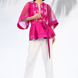 Hot Pink Peplum Top With Ivory Pants Set