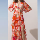 Chiffon Coral Printed Tiered Dress